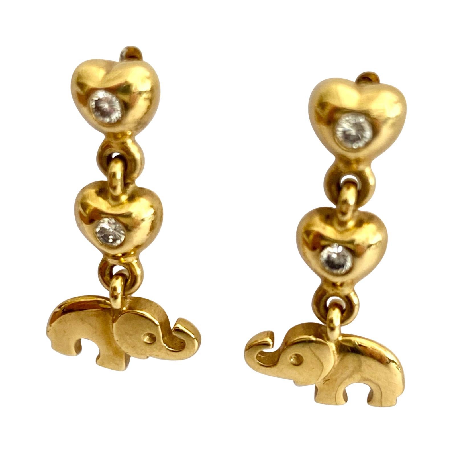 Elephant Earrings, Signed: "C'est Laudier" Yellow Gold and Diamonds For Sale