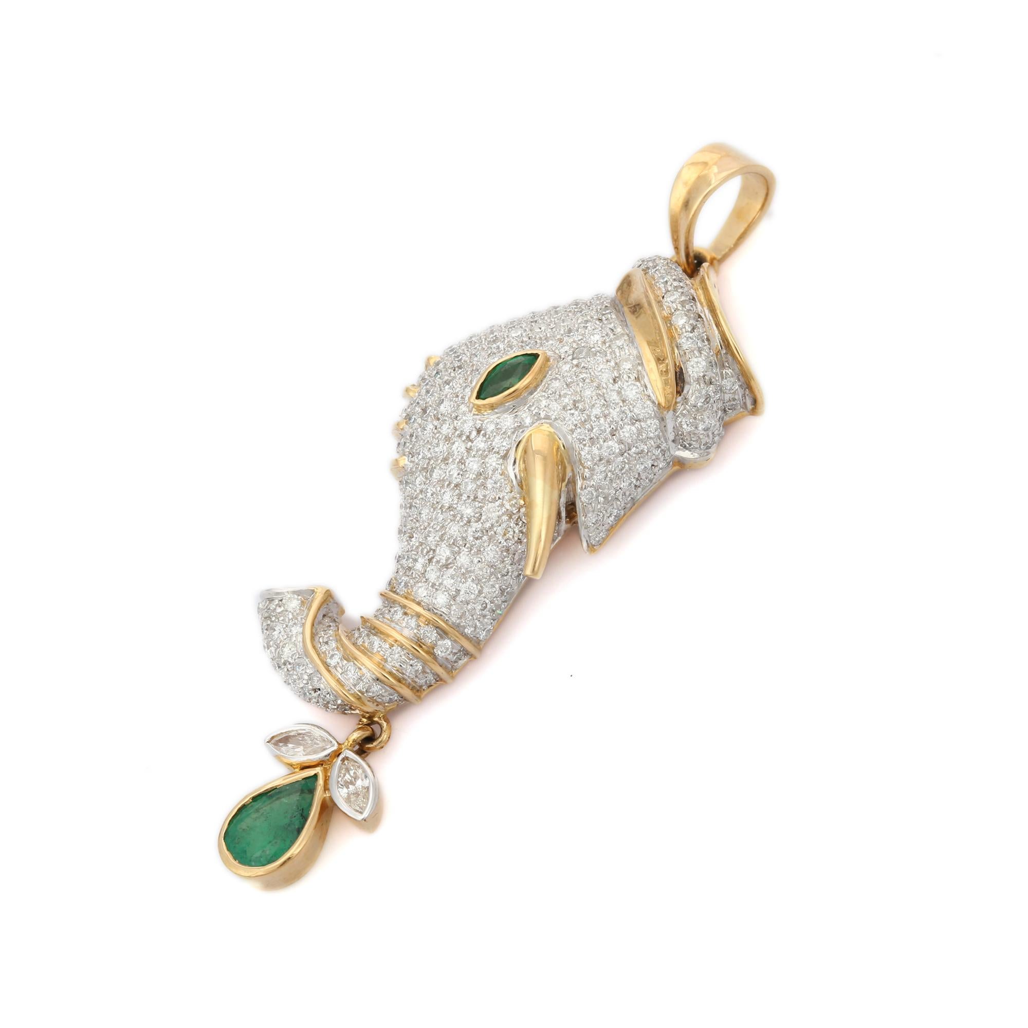 Emerald Diamond Elephant Pendant in 18K Gold. This stunning piece of jewelry instantly elevates a casual look or dressy outfit. 
Emerald enhances the intellectual capacity of the person.
Designed with genuine diamonds studded in elephant with
