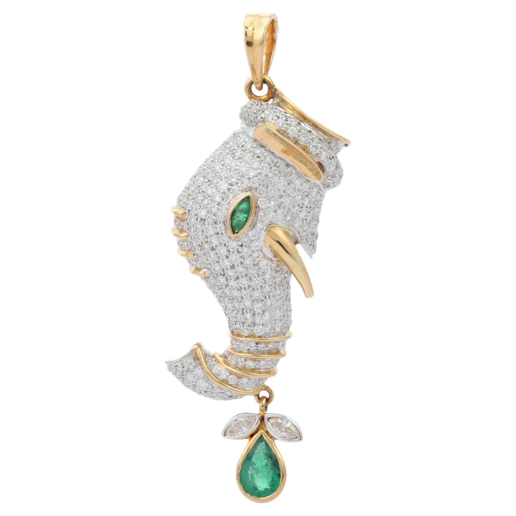 Elephant Emerald & Diamond Pendant in 18K Yellow Gold