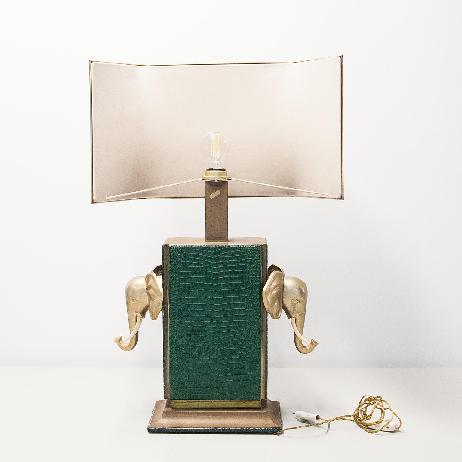 Hollywood Regency Elephant Faux Crocodile Leather Table Lamp 1970s For Sale