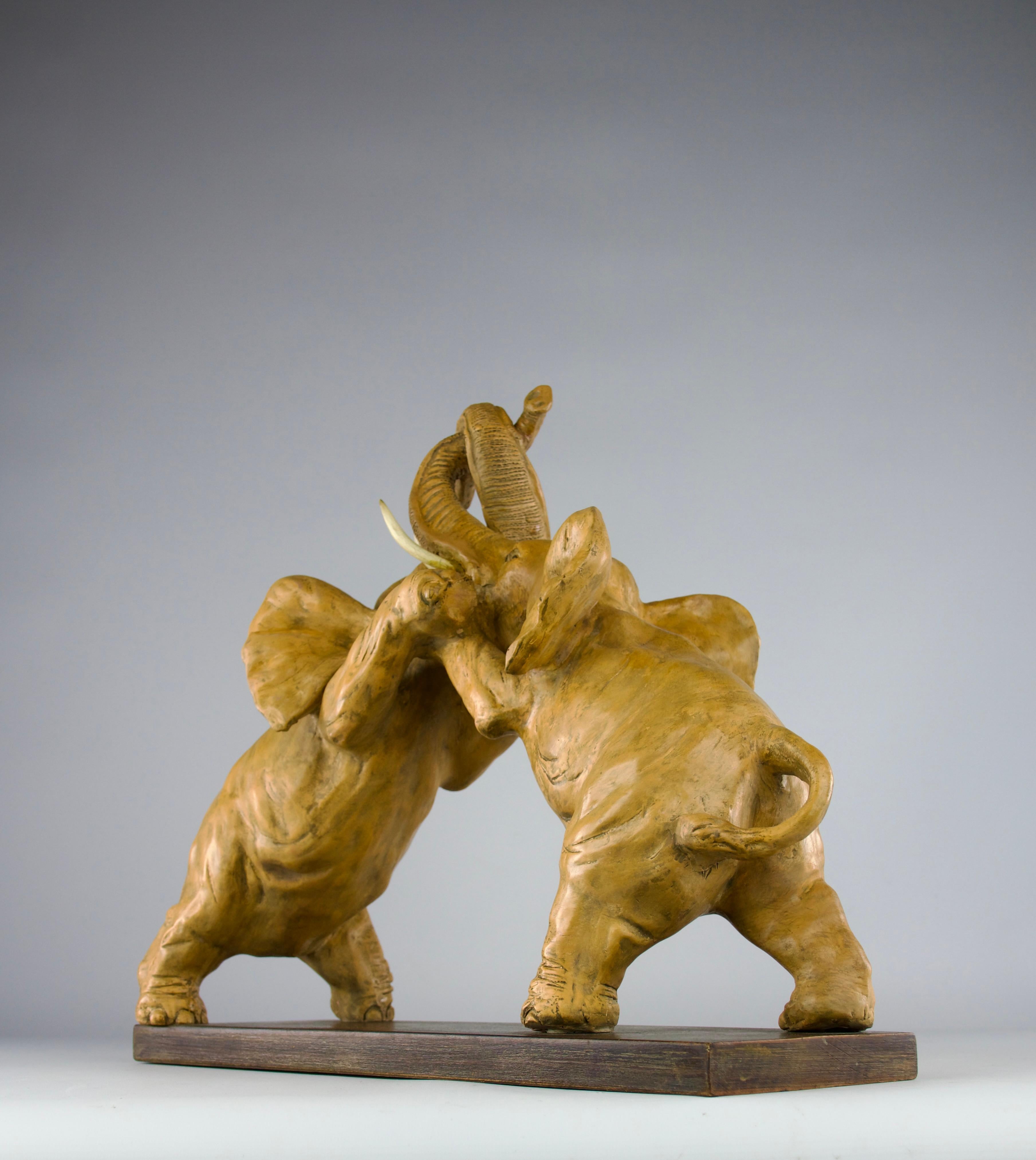 Elephant Fight, Patinated Earthenware Sculpture, France 1800s For Sale 4