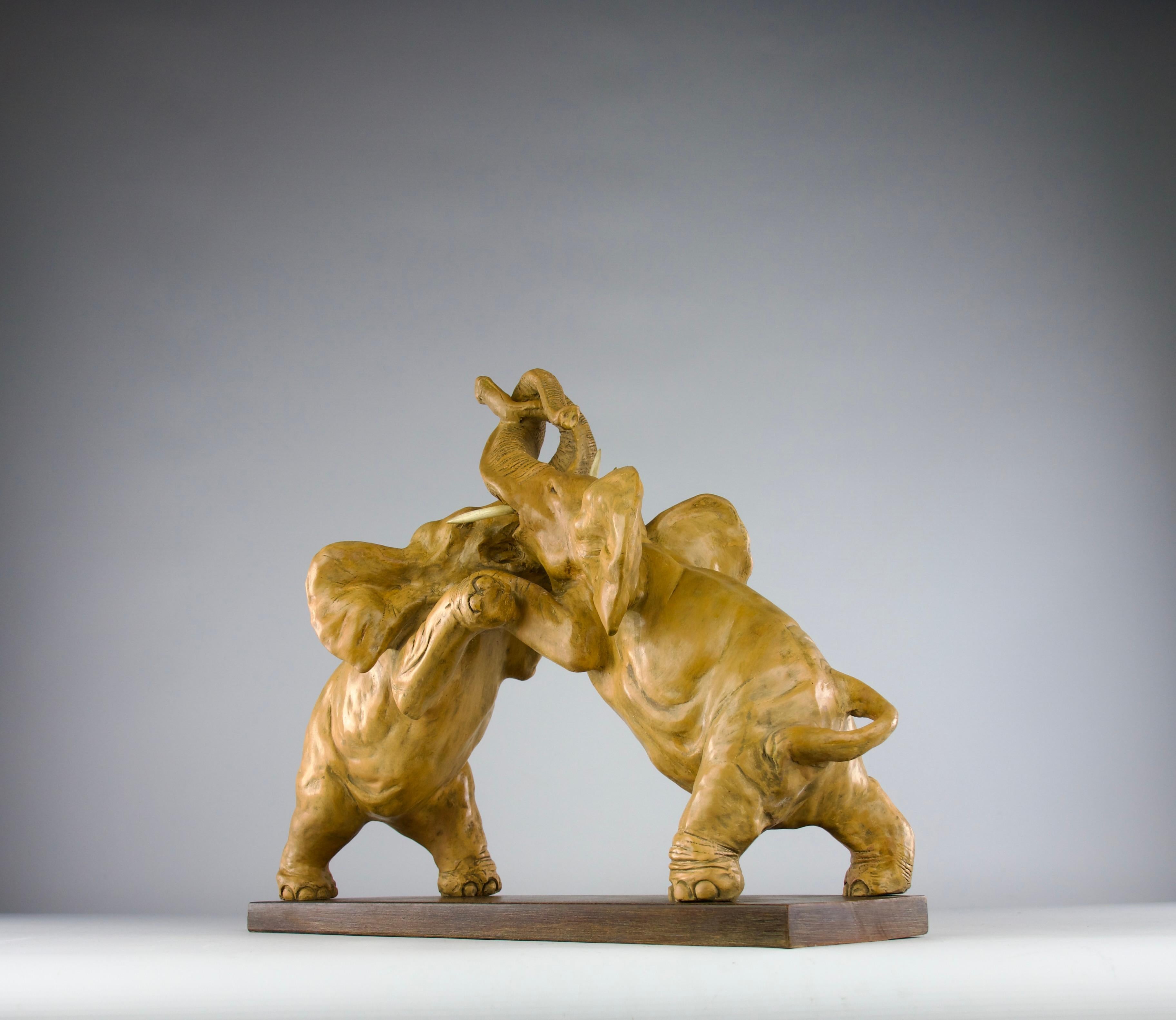 French Elephant Fight, Patinated Earthenware Sculpture, France 1800s For Sale