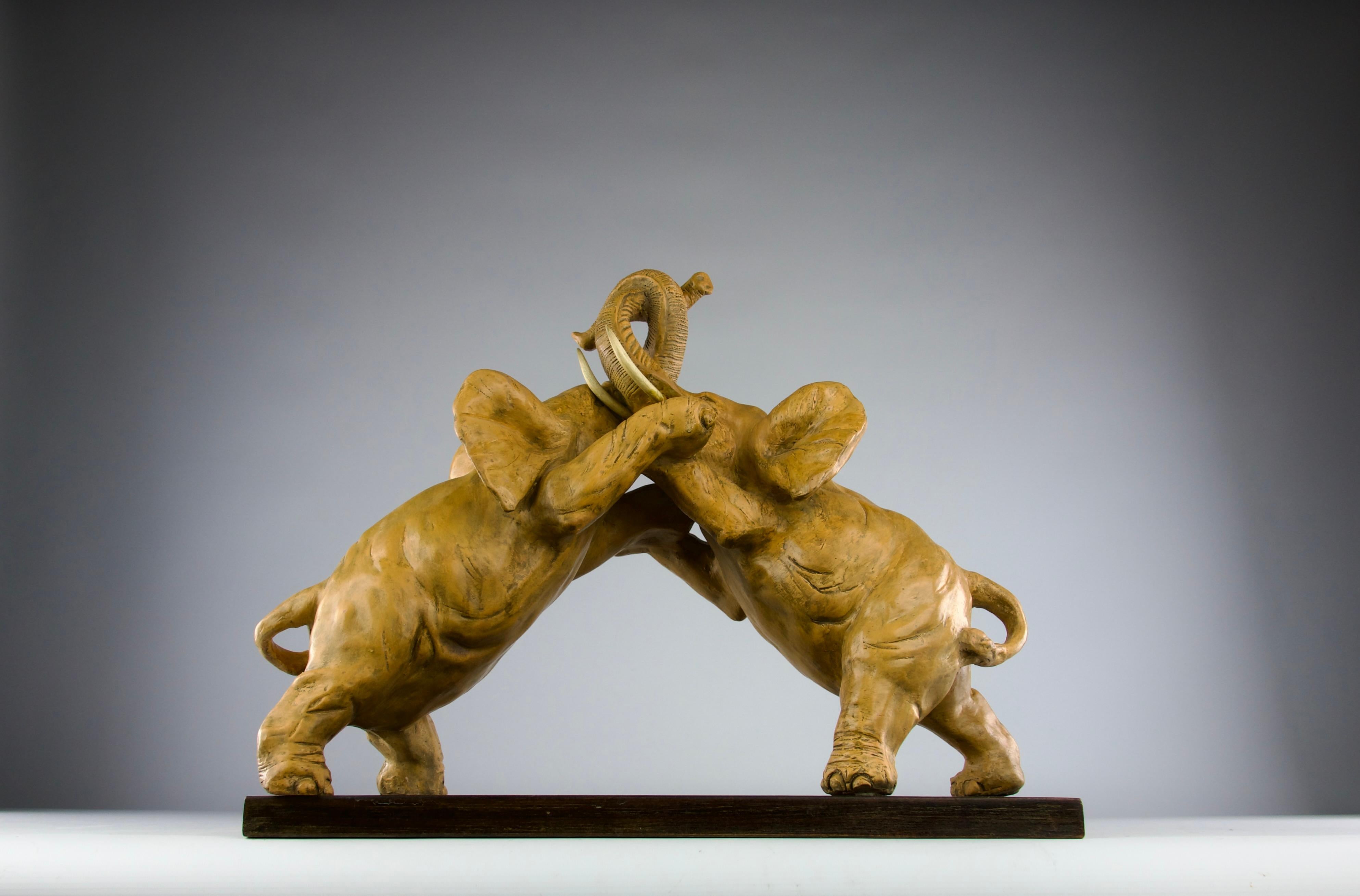 19th Century Elephant Fight, Patinated Earthenware Sculpture, France 1800s For Sale