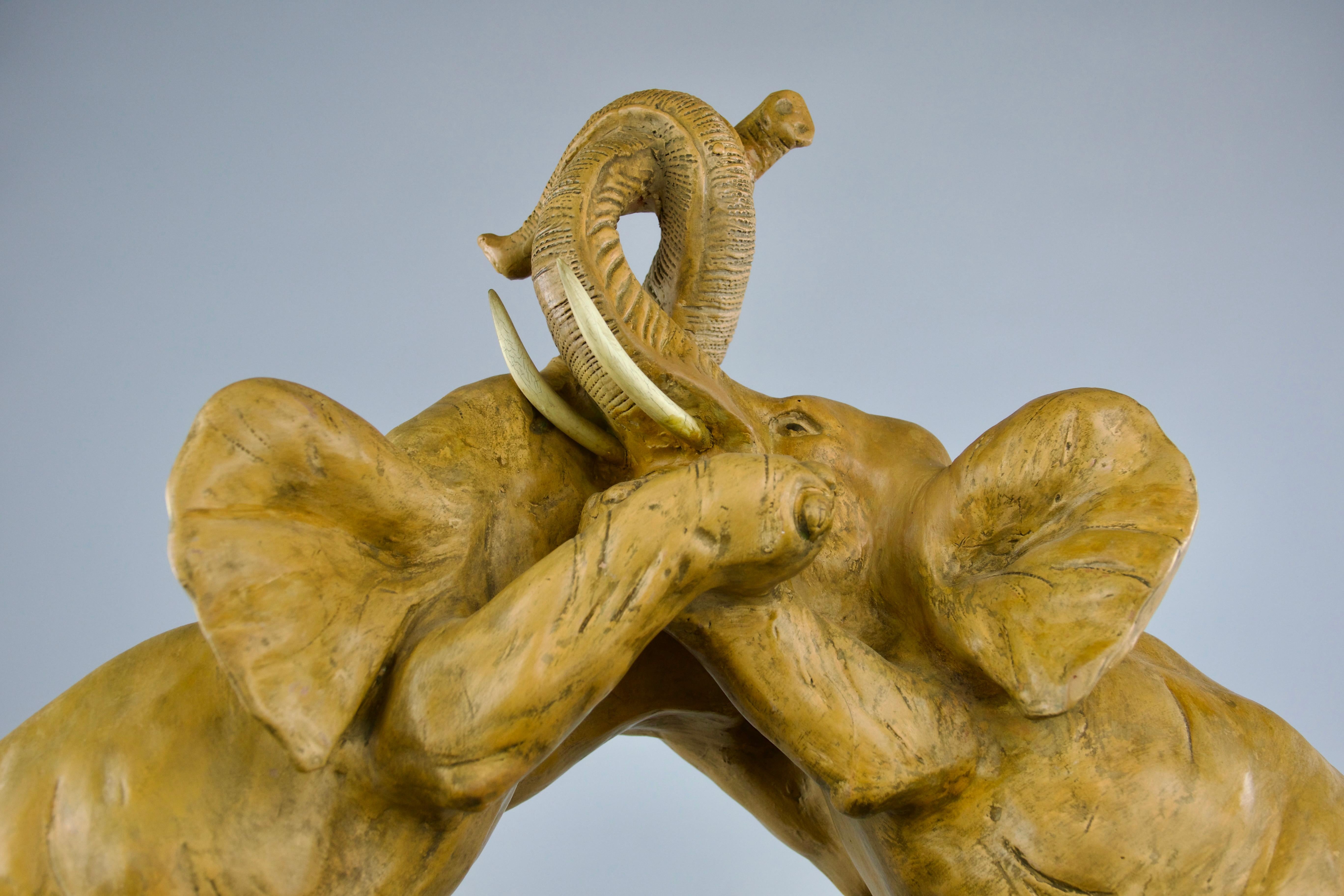 Elephant Fight, Patinated Earthenware Sculpture, France 1800s For Sale 2
