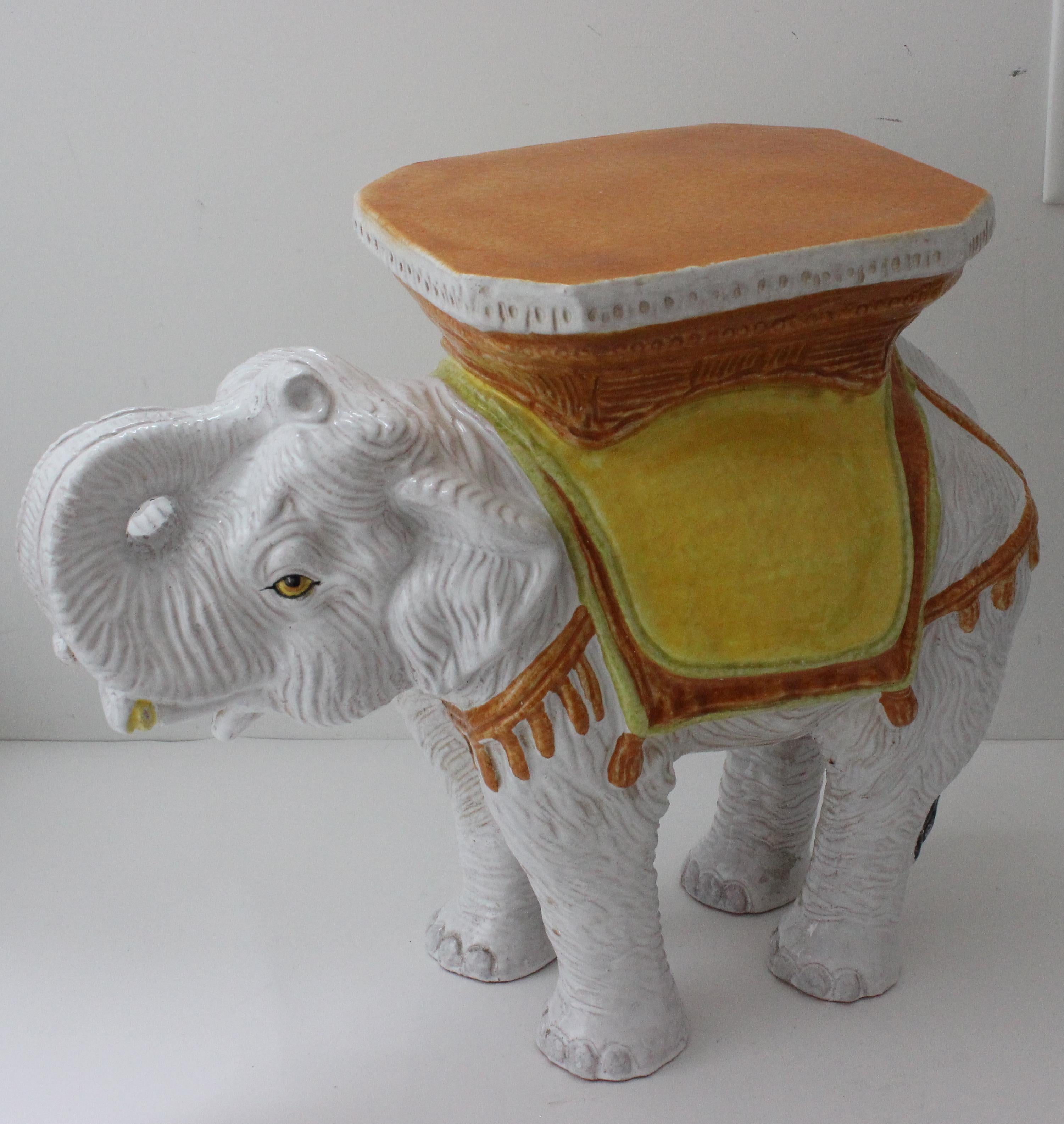 Charming Elephant Form garden stool or drinks table - hand painted glazed terra cotta - from a Palm Beach estate.