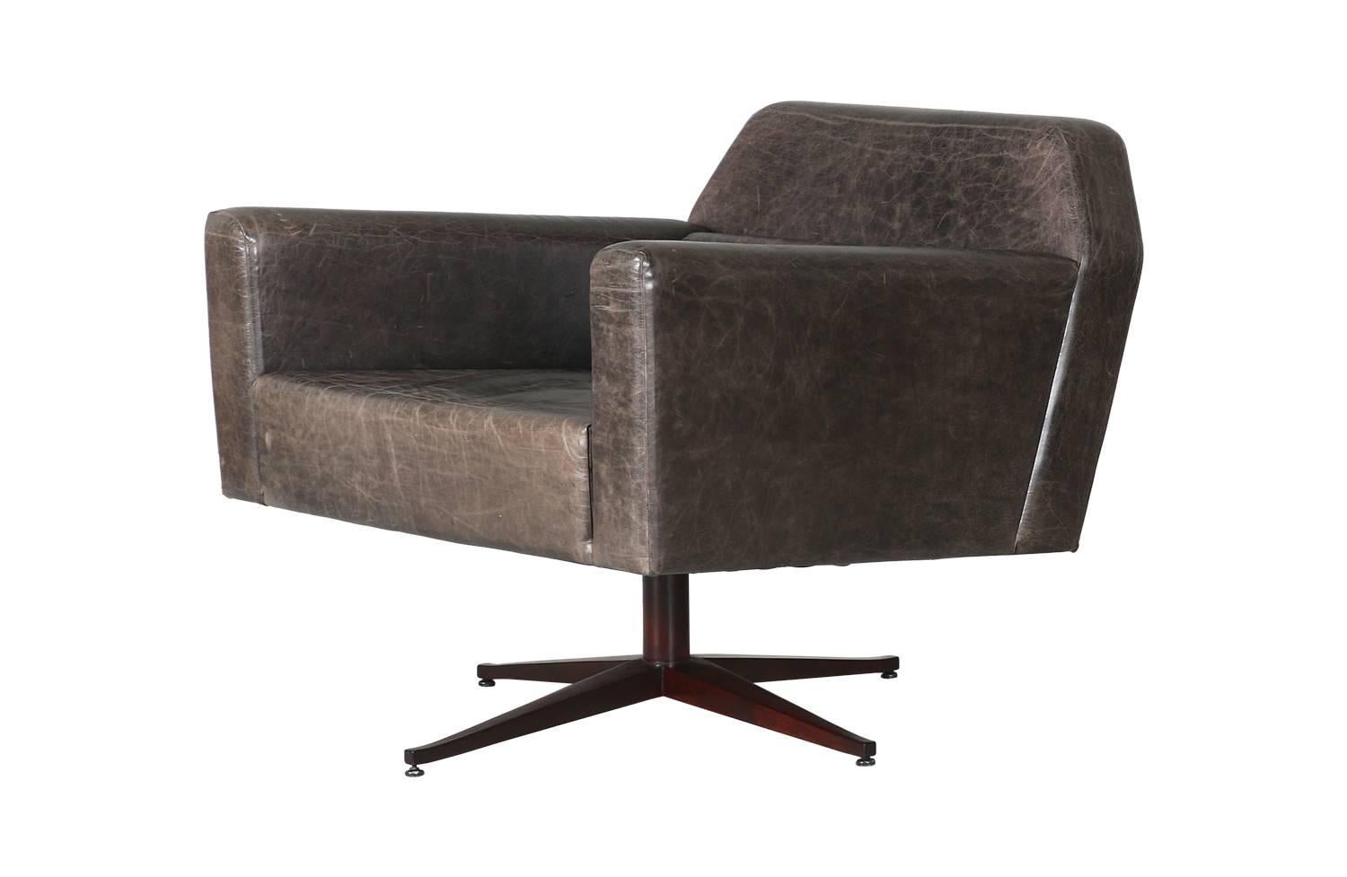 American Elephant Grey Leather Swivel Lounge Chairs