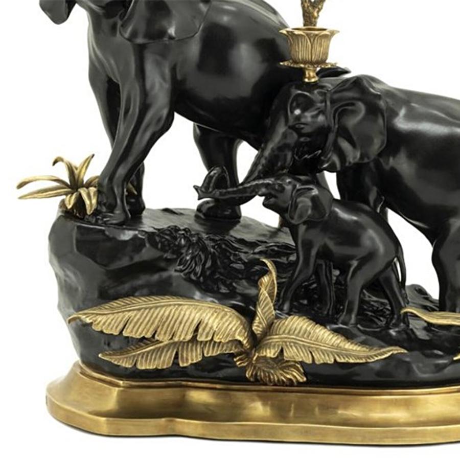 Hand-Crafted Elephant Group Black Candleholder For Sale