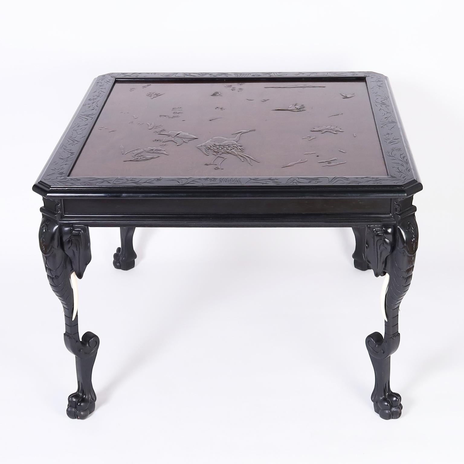 English Elephant Head Center Table with a Japonisme Top For Sale