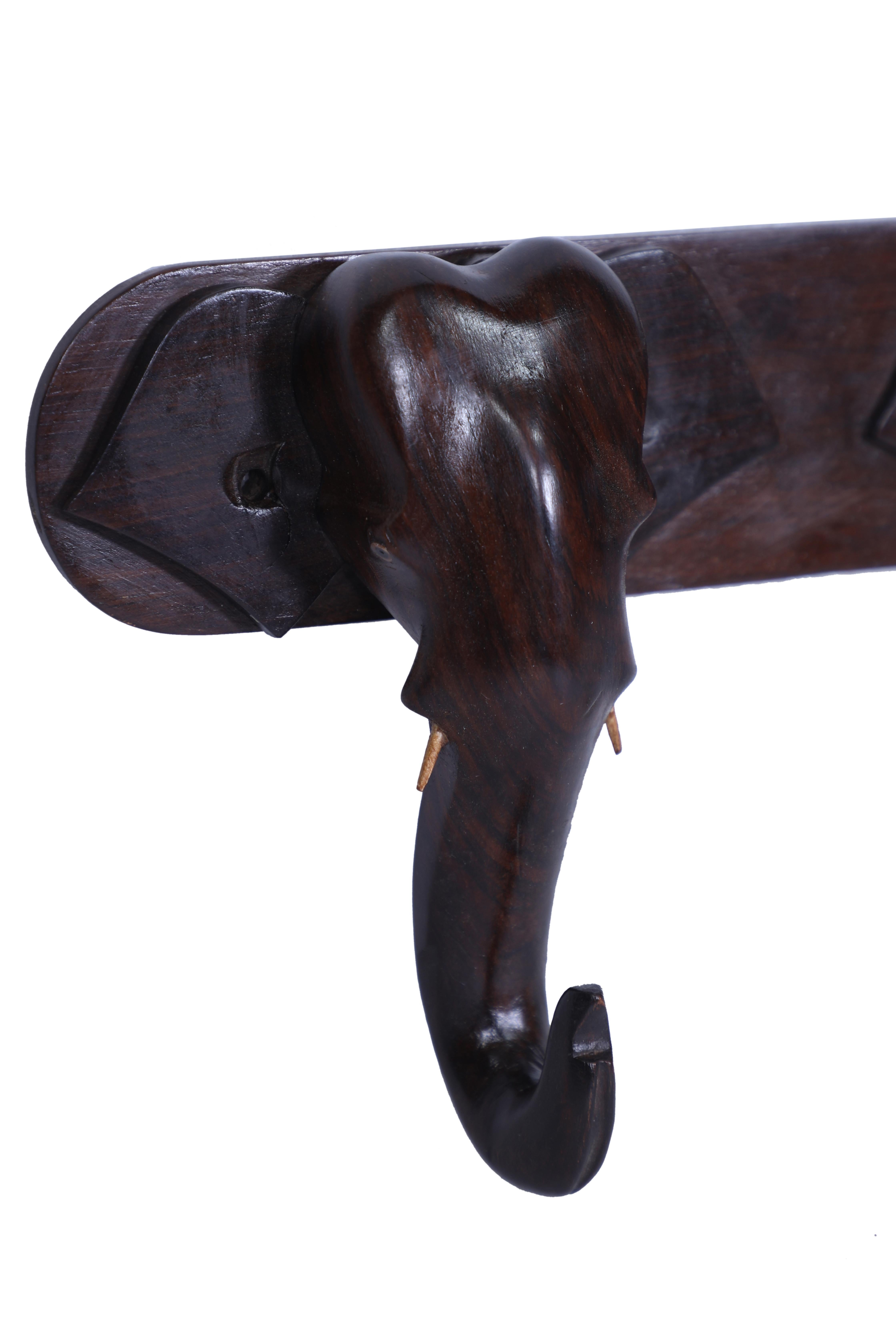 20th Century Elephant Head Rosewood Wall Hook Coat or Hat Rack For Sale