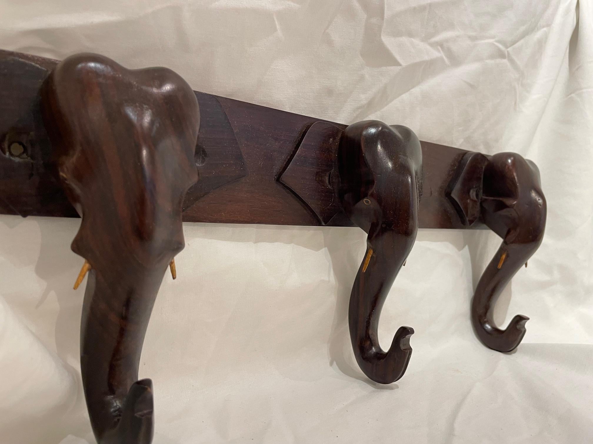 Elephant Head Rosewood Wall Hook Coat or Hat Rack For Sale 1