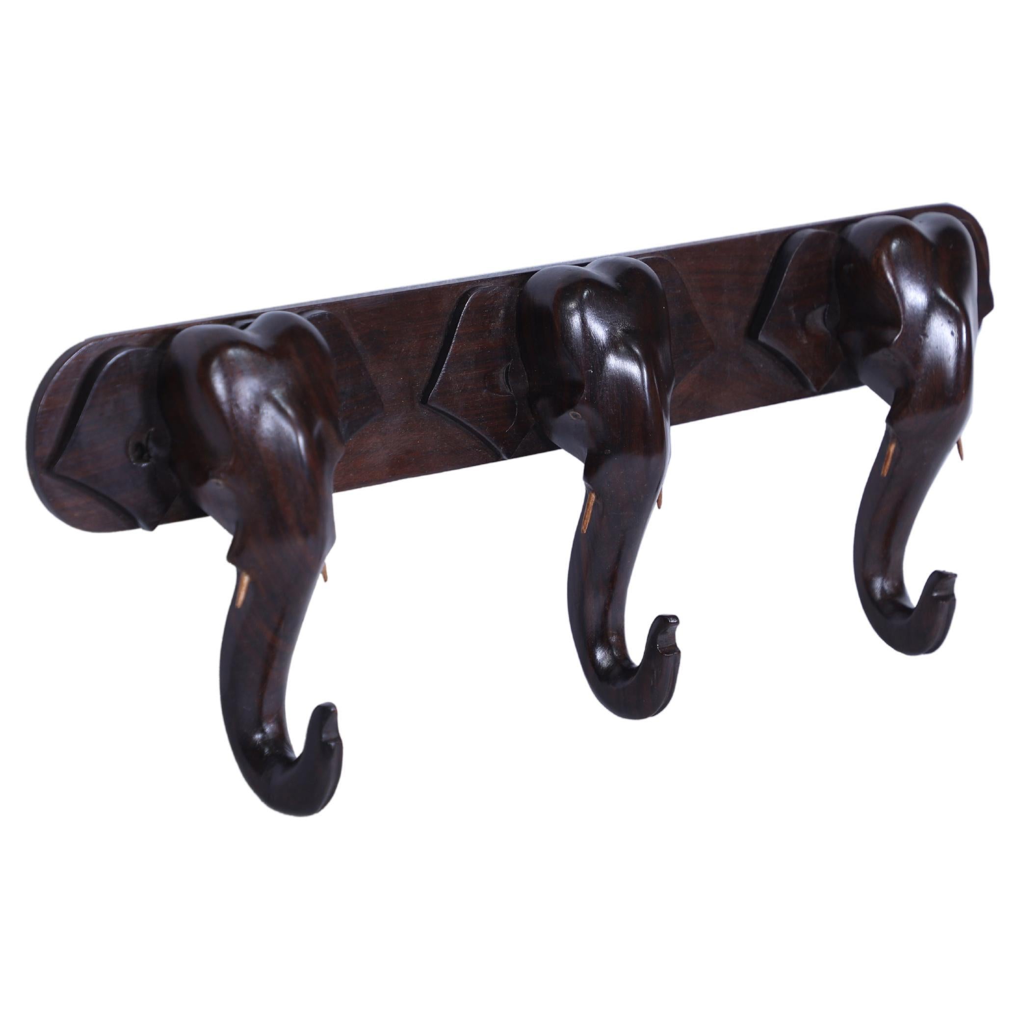 Elephant Head Rosewood Wall Hook Coat or Hat Rack For Sale