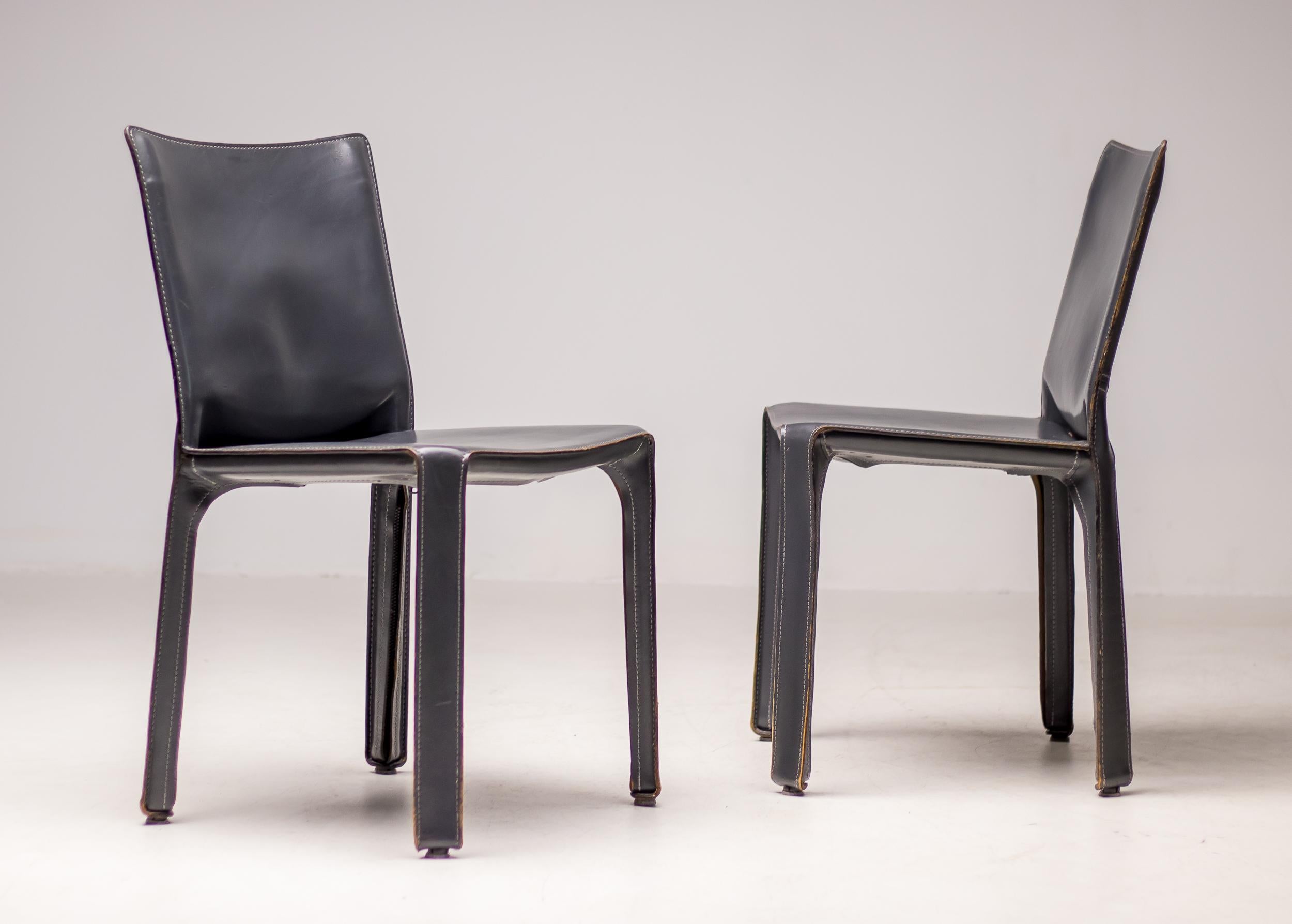 Italian Elephant Hide Grey Cab Dining Side Chairs by Mario Bellini for Cassina For Sale