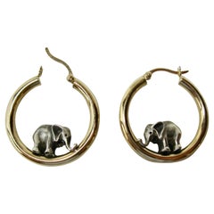 Vintage Elephant Hoop Earrings 14 Karat Gold Sterling Silver