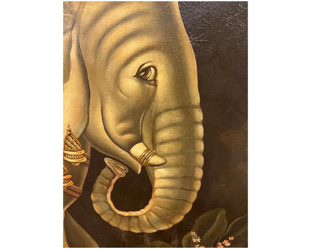 Elefant im Profil: spielerische Volkskunst Öl auf Leinwand von Reginald Baxter (Kanadische Volkskunst im Zustand „Gut“ im Angebot in Long Island City, NY