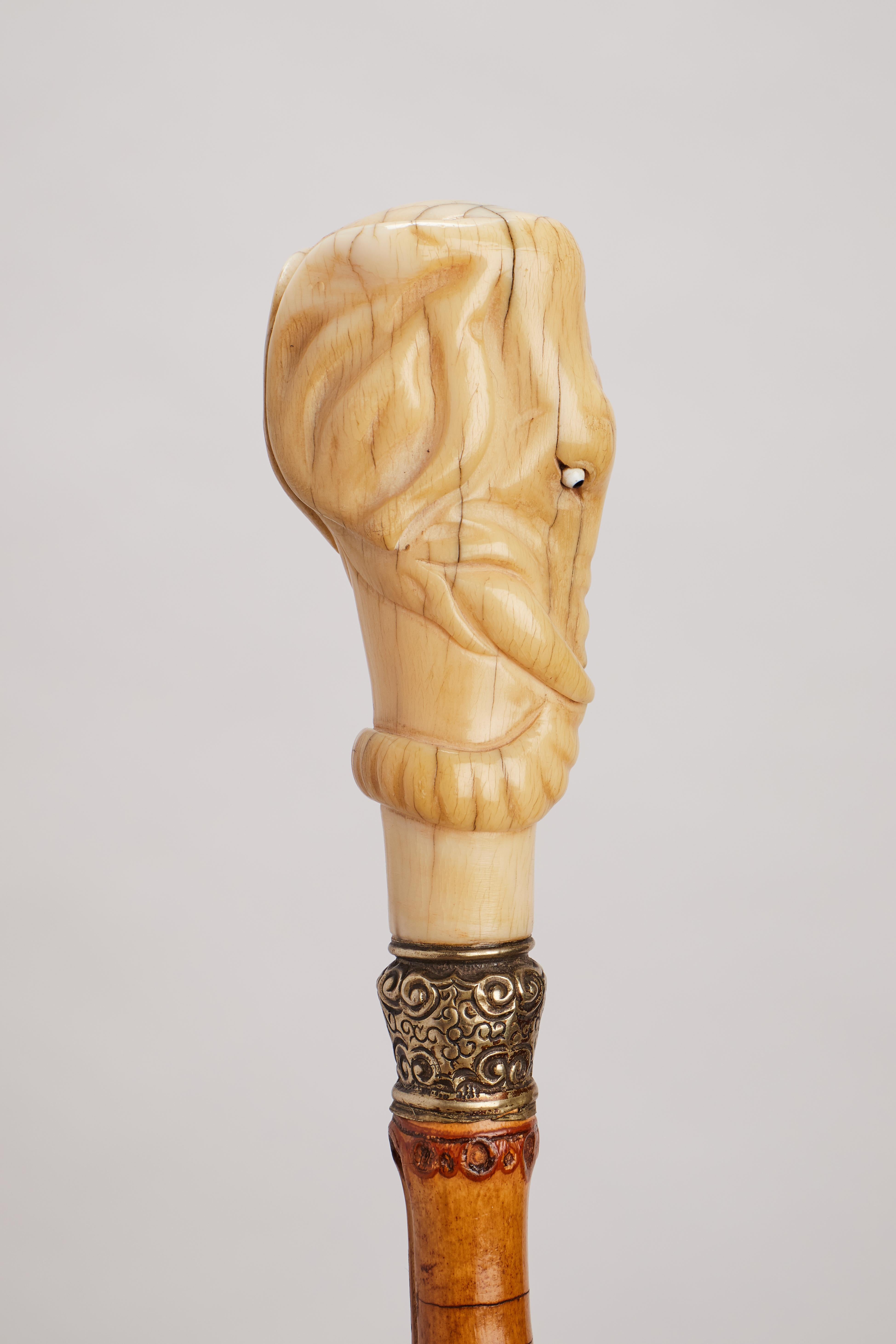 Silver Elephant ivory head’s handle walking stick, UK 1880.  For Sale