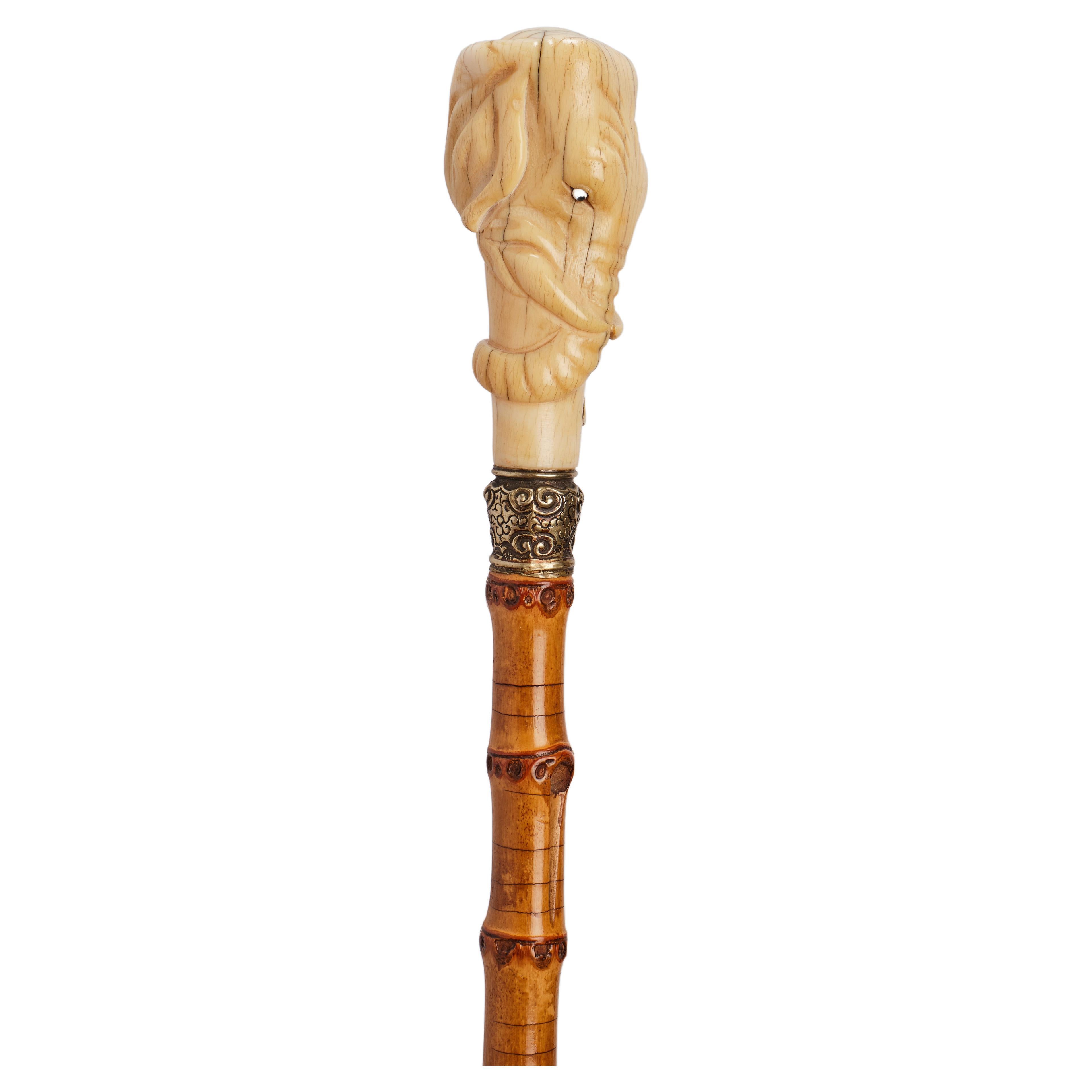 Elephant ivory head’s handle walking stick, UK 1880.  For Sale