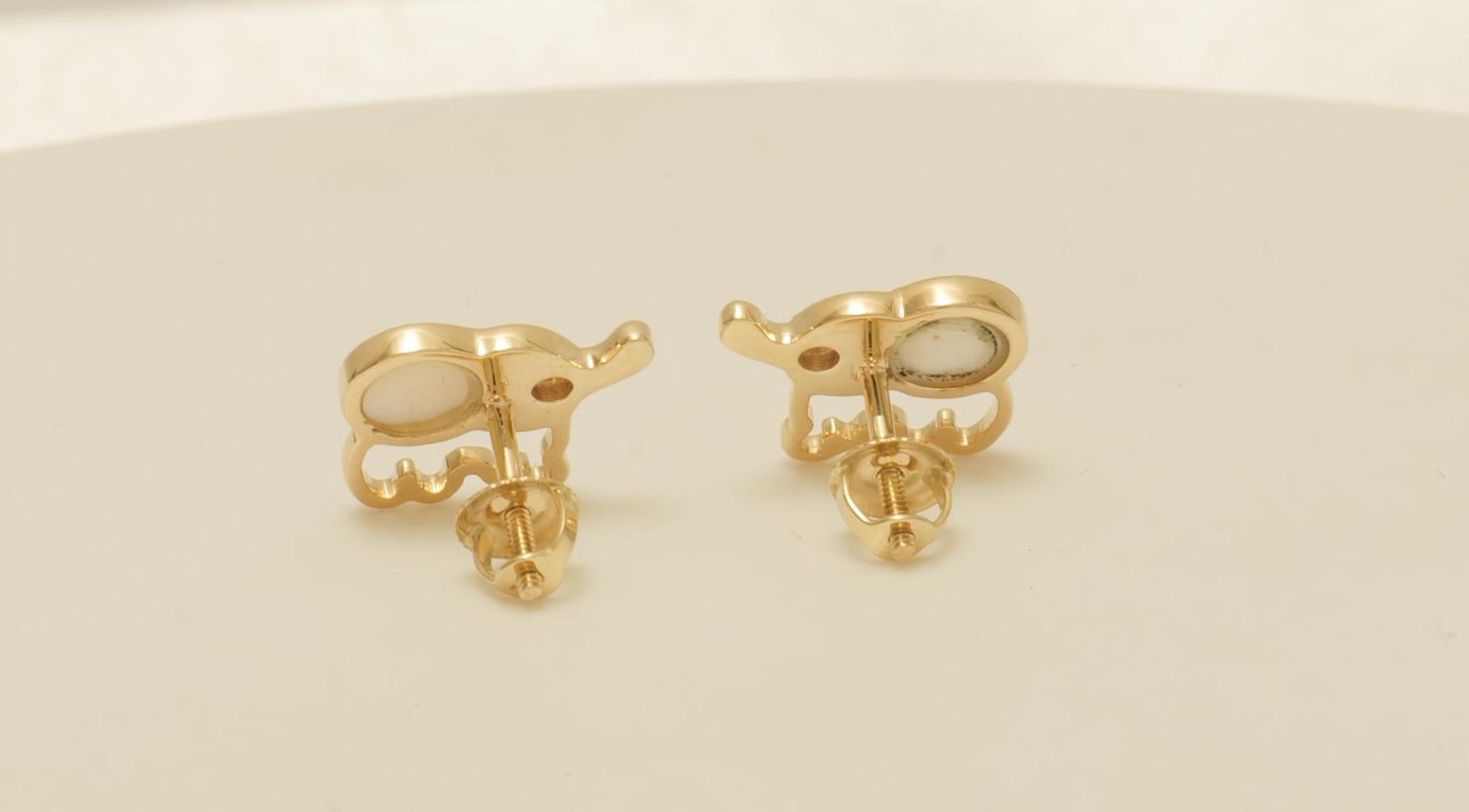 Women's Elephant Mother of Pearl Diamond Earrings in 14K Solid Gold (Certified) For Sale