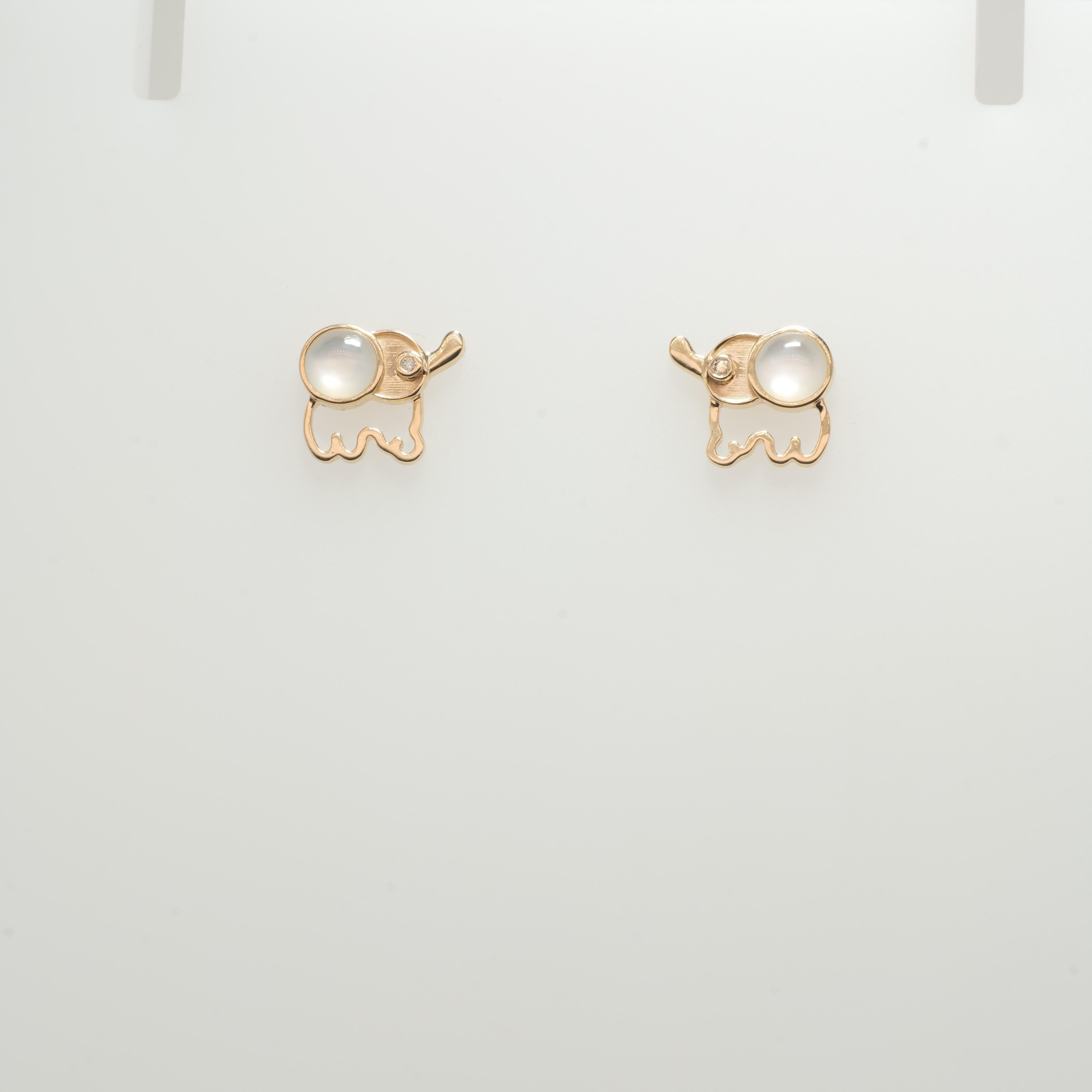 Elephant Mother of Pearl Diamond Earrings in 14K Solid Gold (Certified) For Sale 2