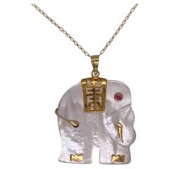 Elephant Mother-of-Pearl Pendant 14K Yellow Gold 18" Oval Link Necklace