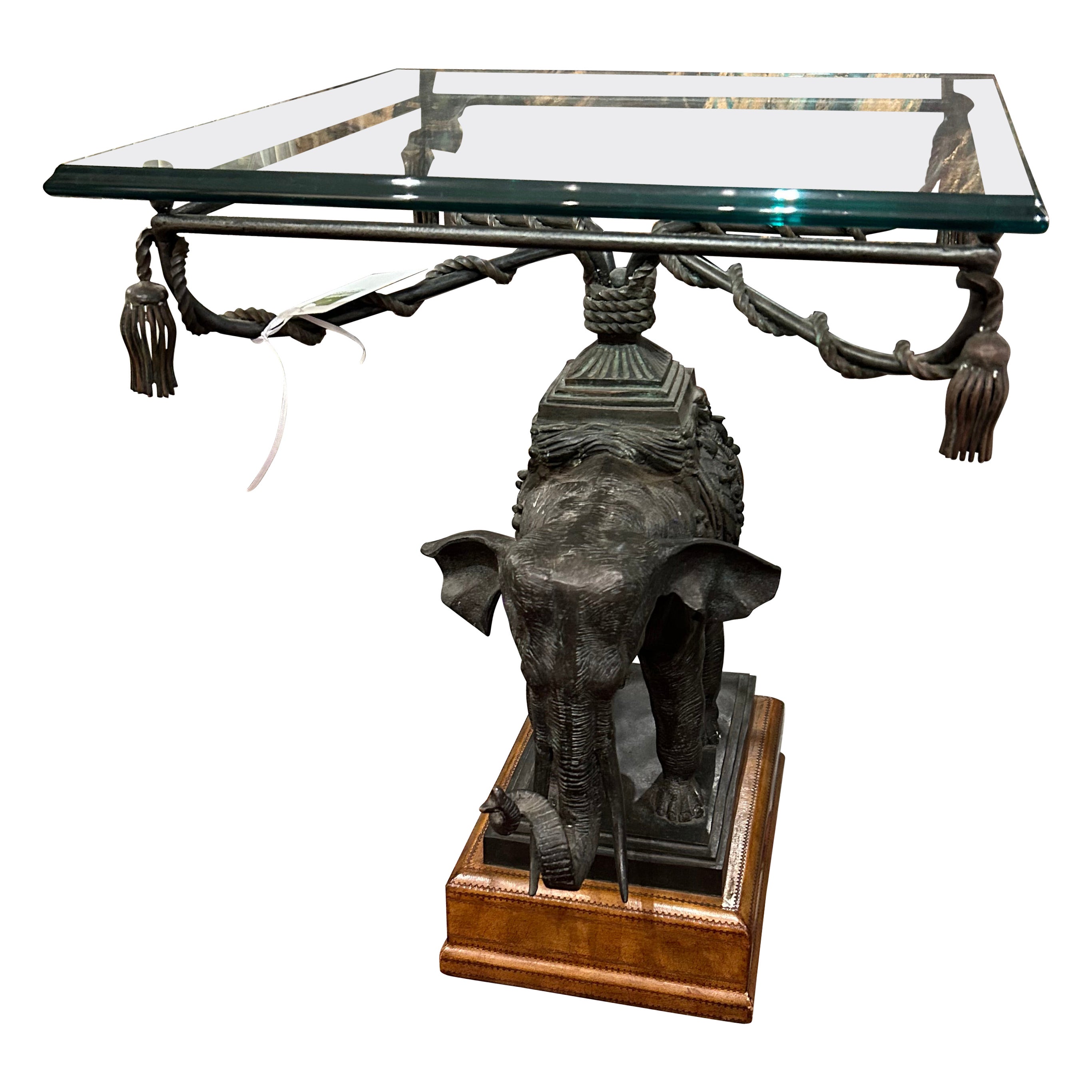 Elephant Motif Iron & Bevelled Glass End Table by Maitland Smith