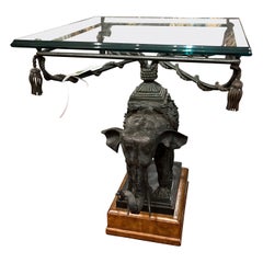 Elephant Motif Iron & Bevelled Glass End Table by Maitland Smith