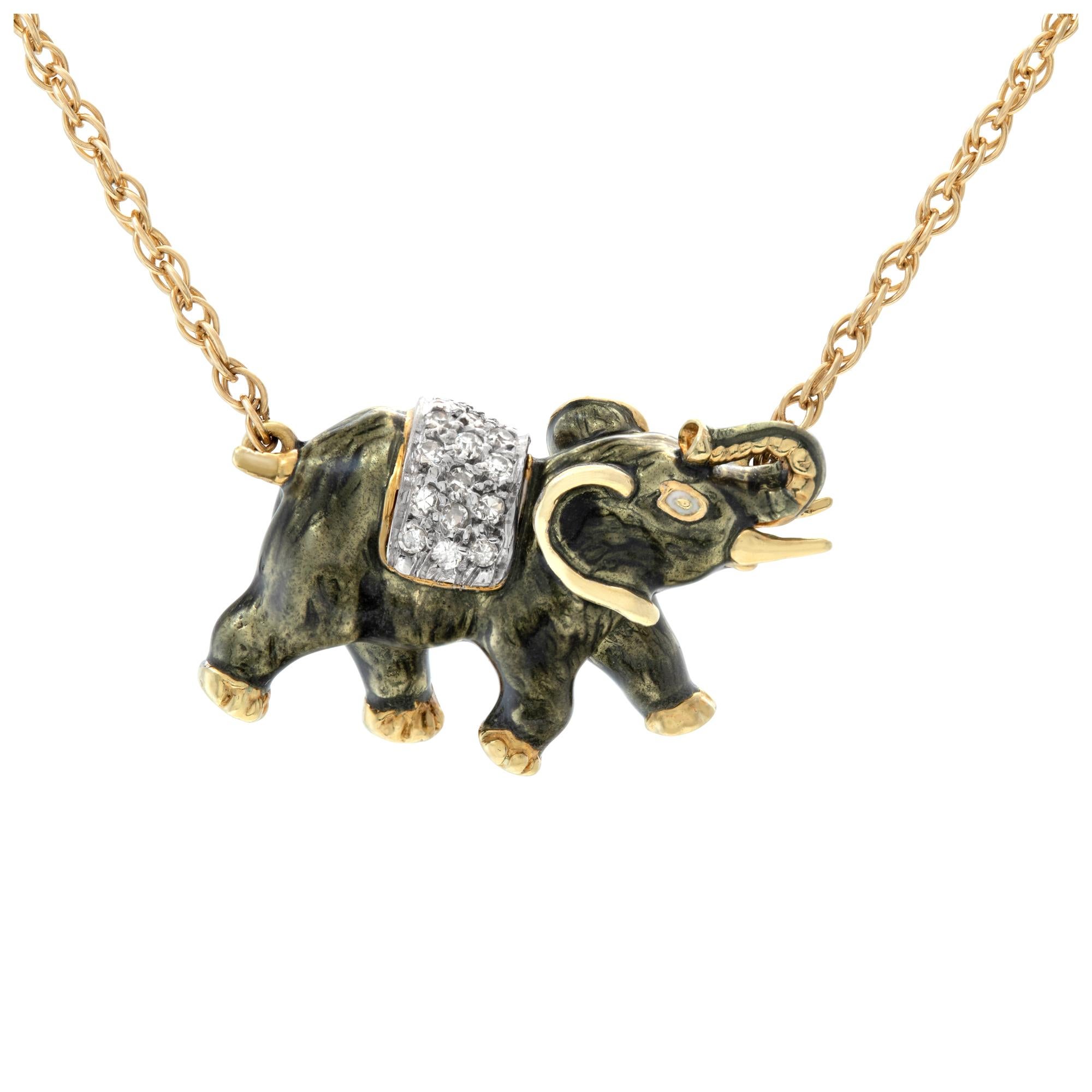 An Elephant necklace in 14k with 0.25 carats in diamond accents G-H color, VS-SI clarity. Length 15 inches.
