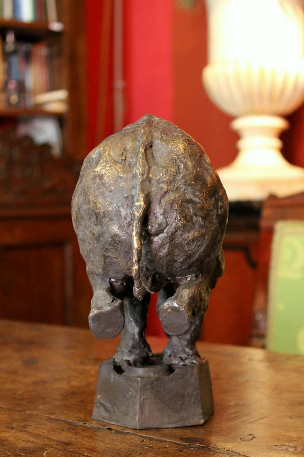 Brutalist Elephant on Iron Pedestal, Lost Wax Casting Parcel-Gilt Patina Bronze Sculpture For Sale