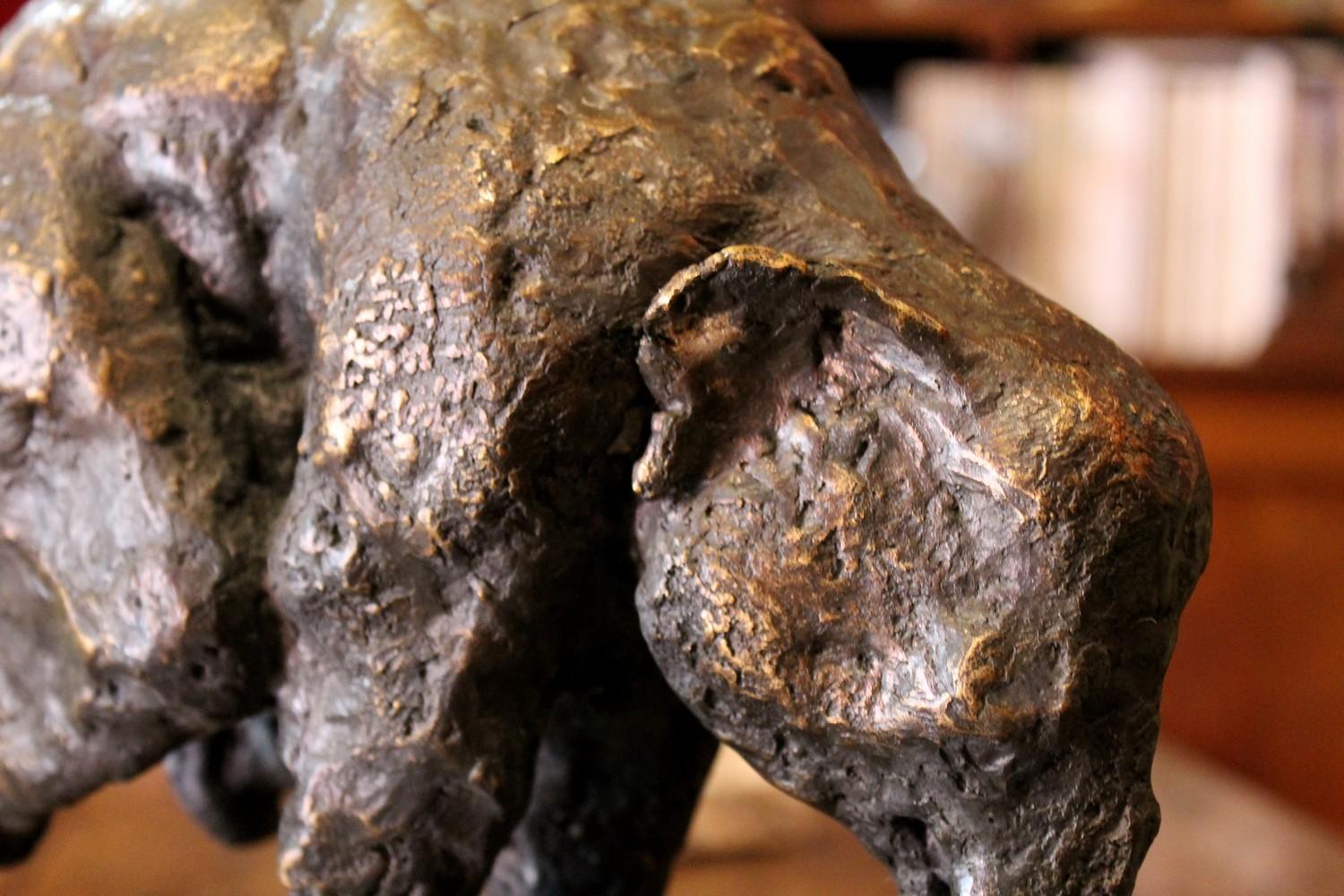 Contemporary Elephant on Iron Pedestal, Lost Wax Casting Parcel-Gilt Patina Bronze Sculpture For Sale