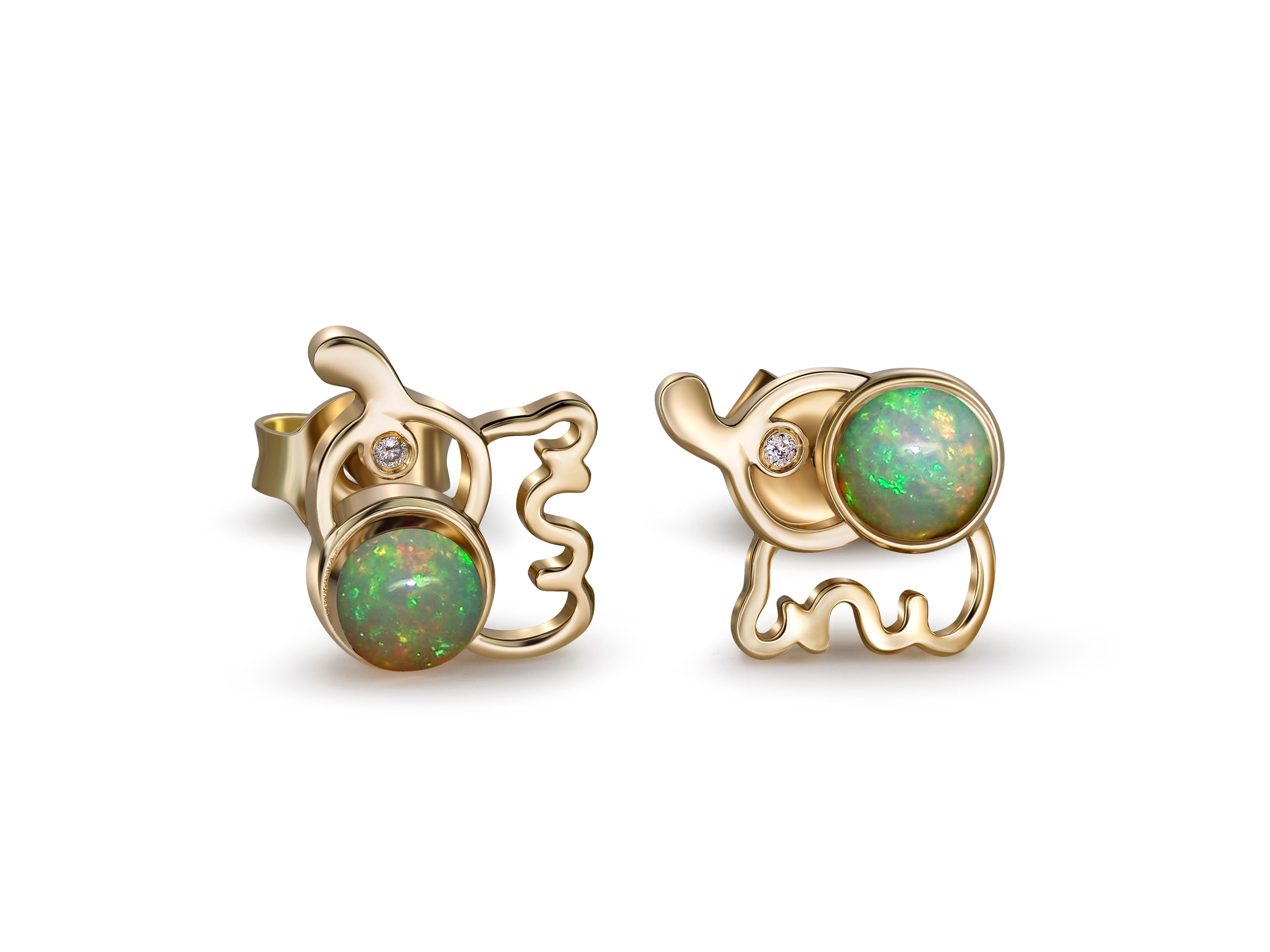 Elephant Opal 14k gold earrings Studs In New Condition For Sale In Istanbul, TR