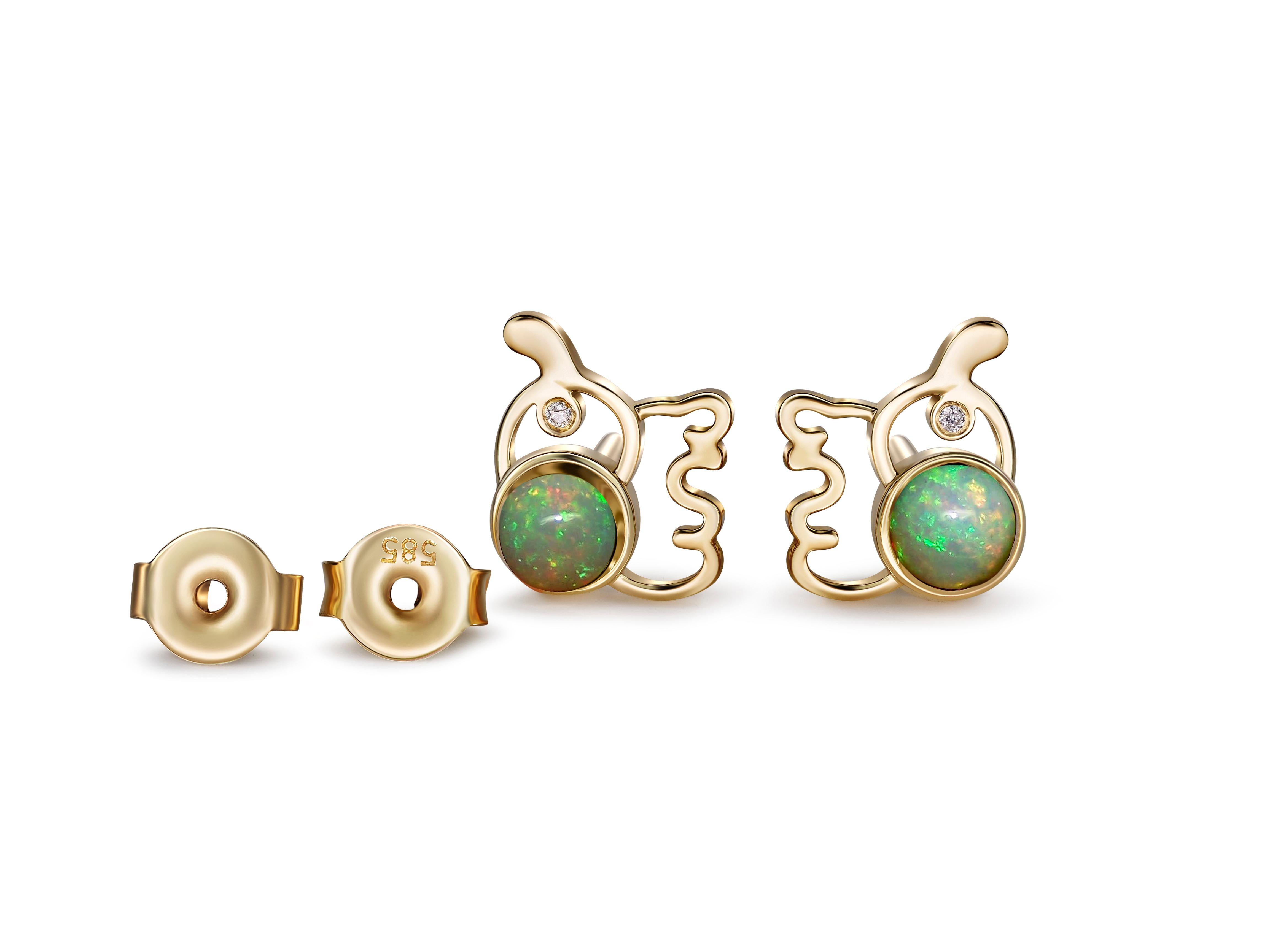 Elephant Opal 14k gold earrings studs.  In New Condition For Sale In Istanbul, TR