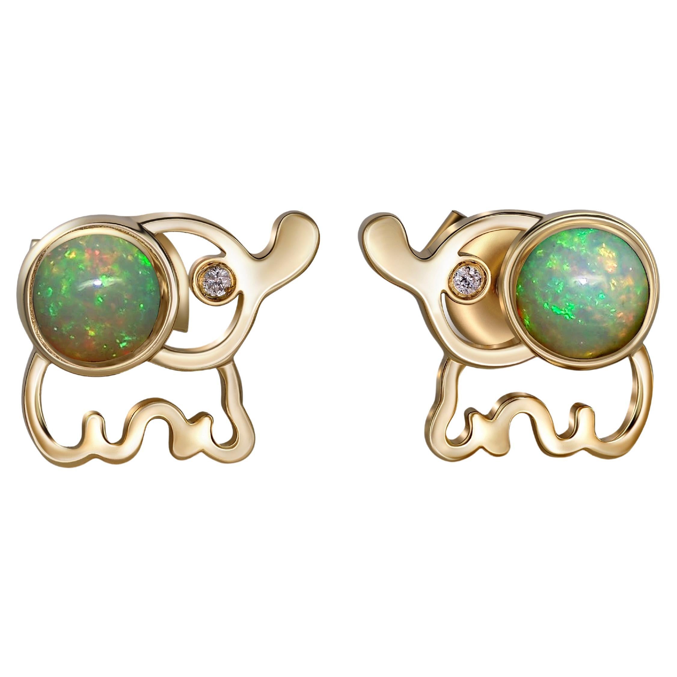 Elephant Opal 14k gold earrings studs.  For Sale