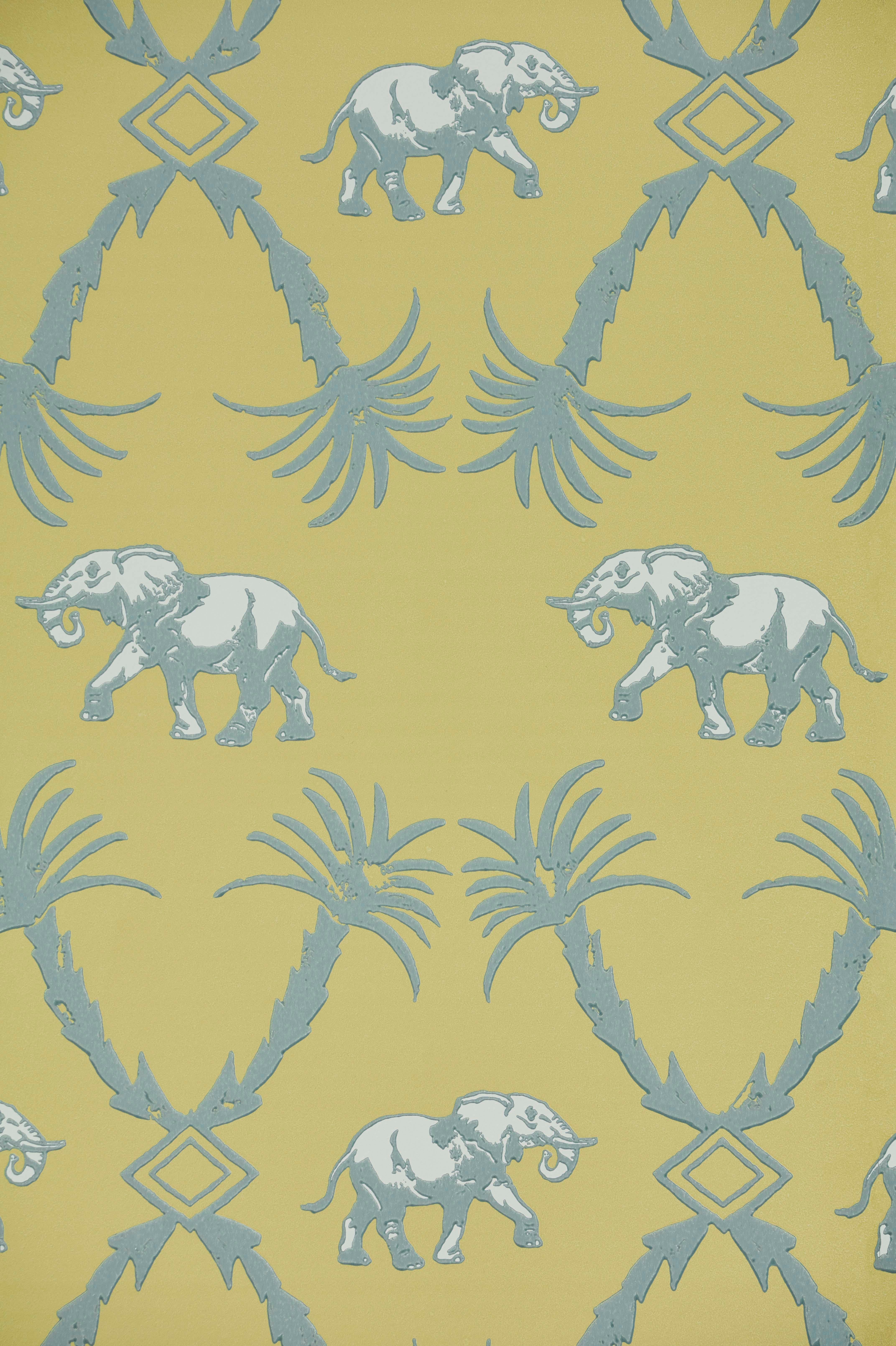 British 'Elephant Palm' Contemporary, Traditional Wallpaper in Ochre/Blue For Sale