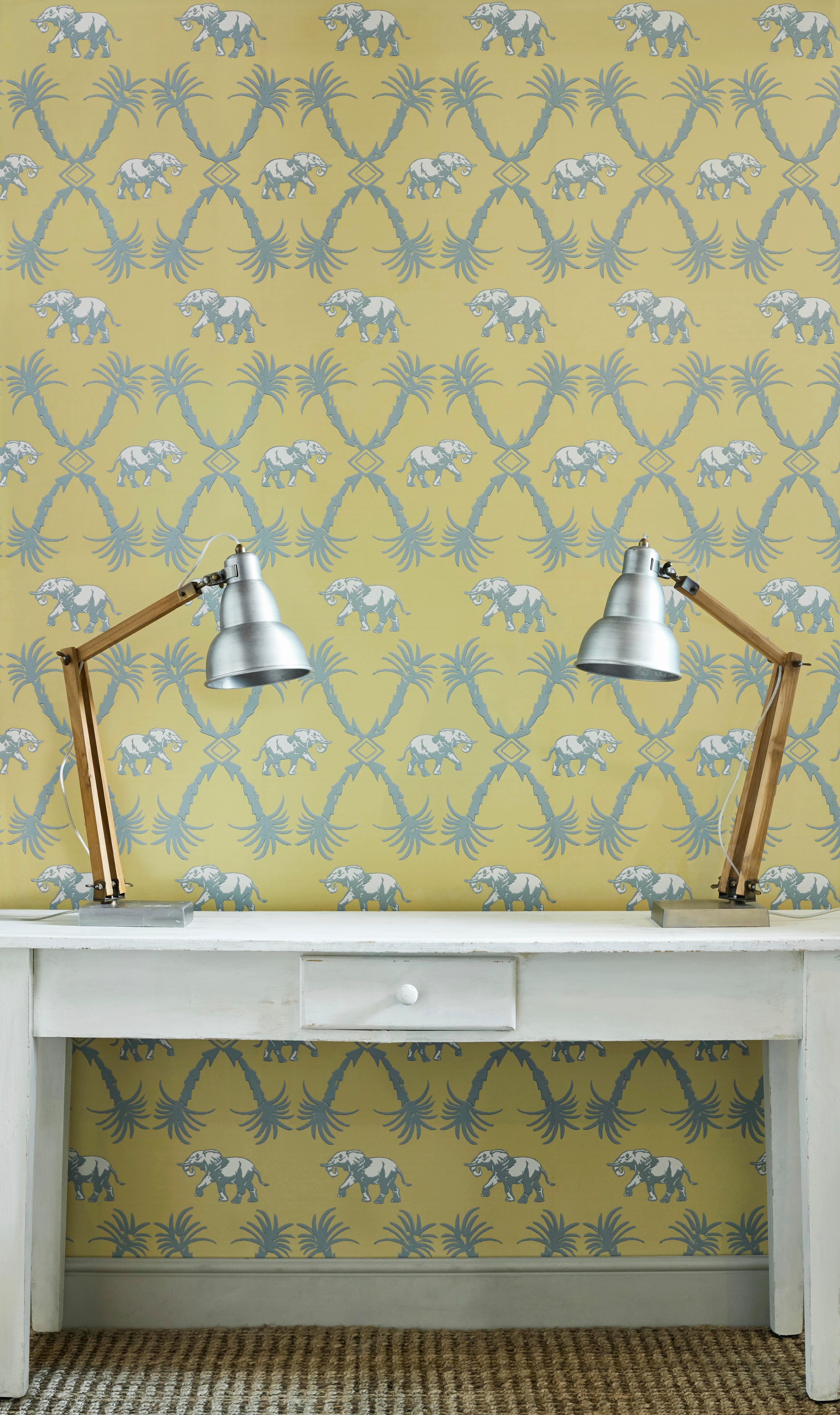 'Elephant Palm' Contemporary, Traditional Wallpaper in Ochre/Blue In New Condition For Sale In Pewsey, Wiltshire