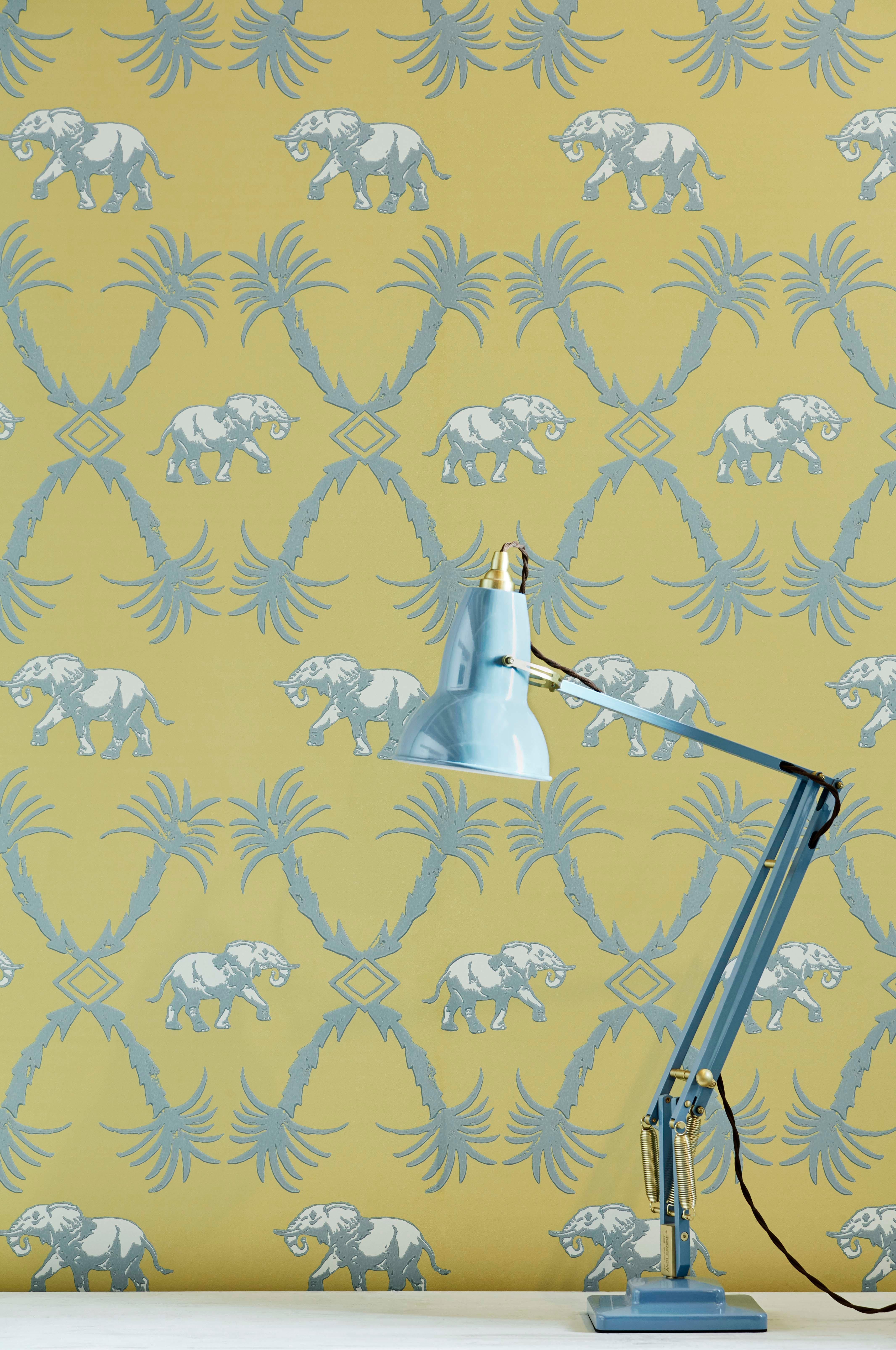 Paper 'Elephant Palm' Contemporary, Traditional Wallpaper in Ochre/Blue For Sale