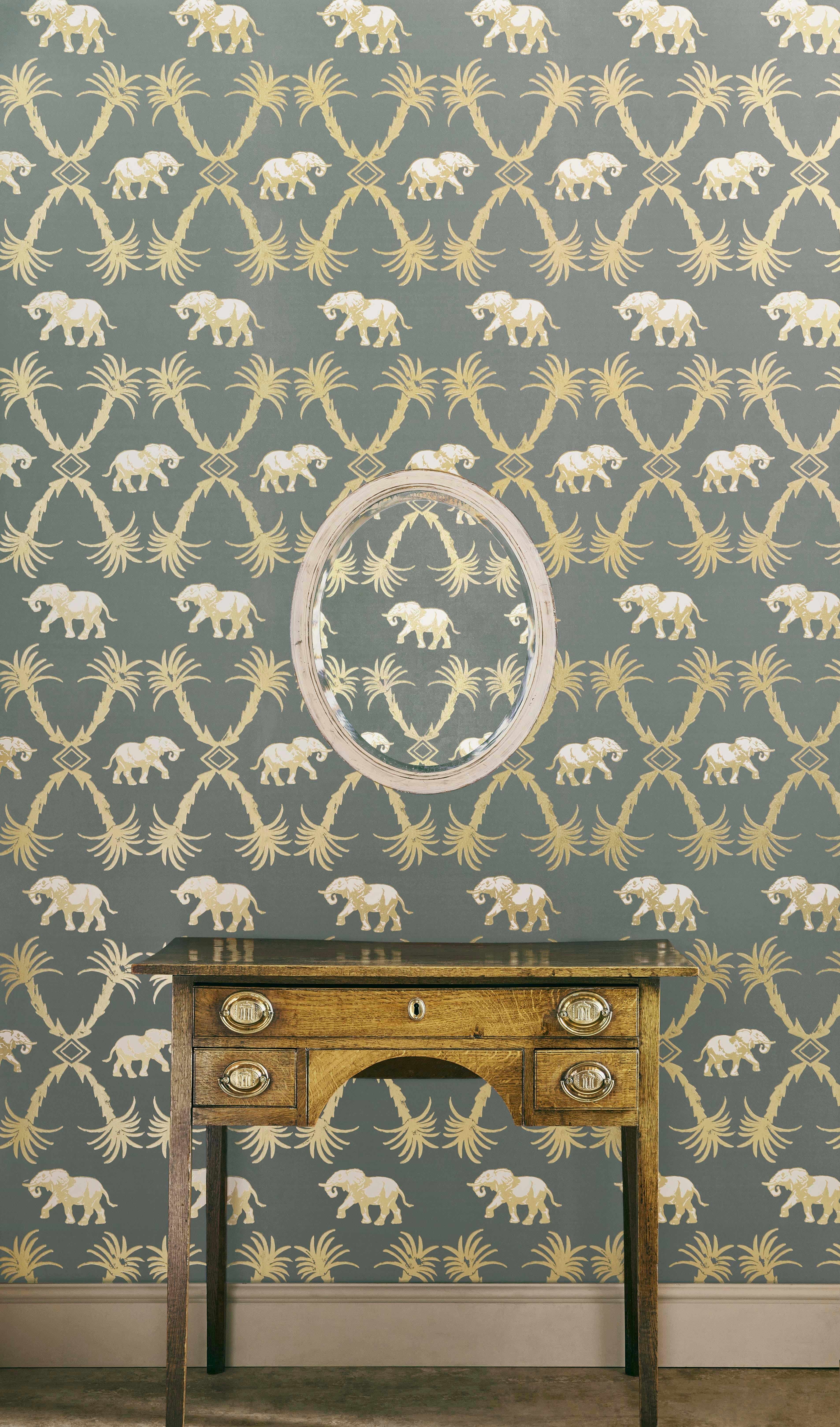 'Elephant Palm' Contemporary, Traditional Wallpaper in Ochre/Blue For Sale 1