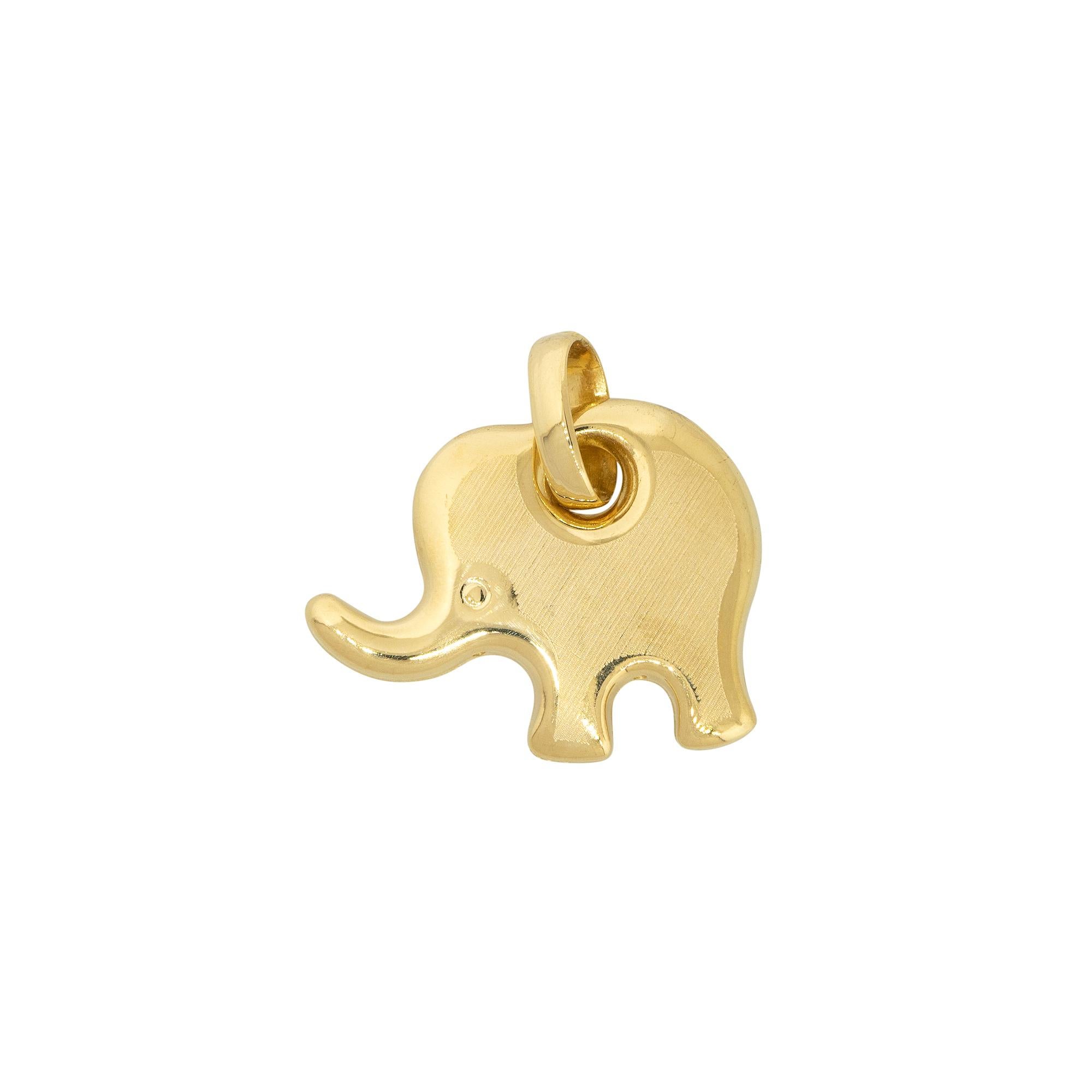 18k Yellow Gold Elephant Pendant

Material: 18k Yellow Gold
Item Weight: 2.4g (1.6dwt)
Item Dimensions: 25.61mm x 4.03mm x 20.07mm
Additional Details: This item also comes with a presentation box!
SKU: G12852