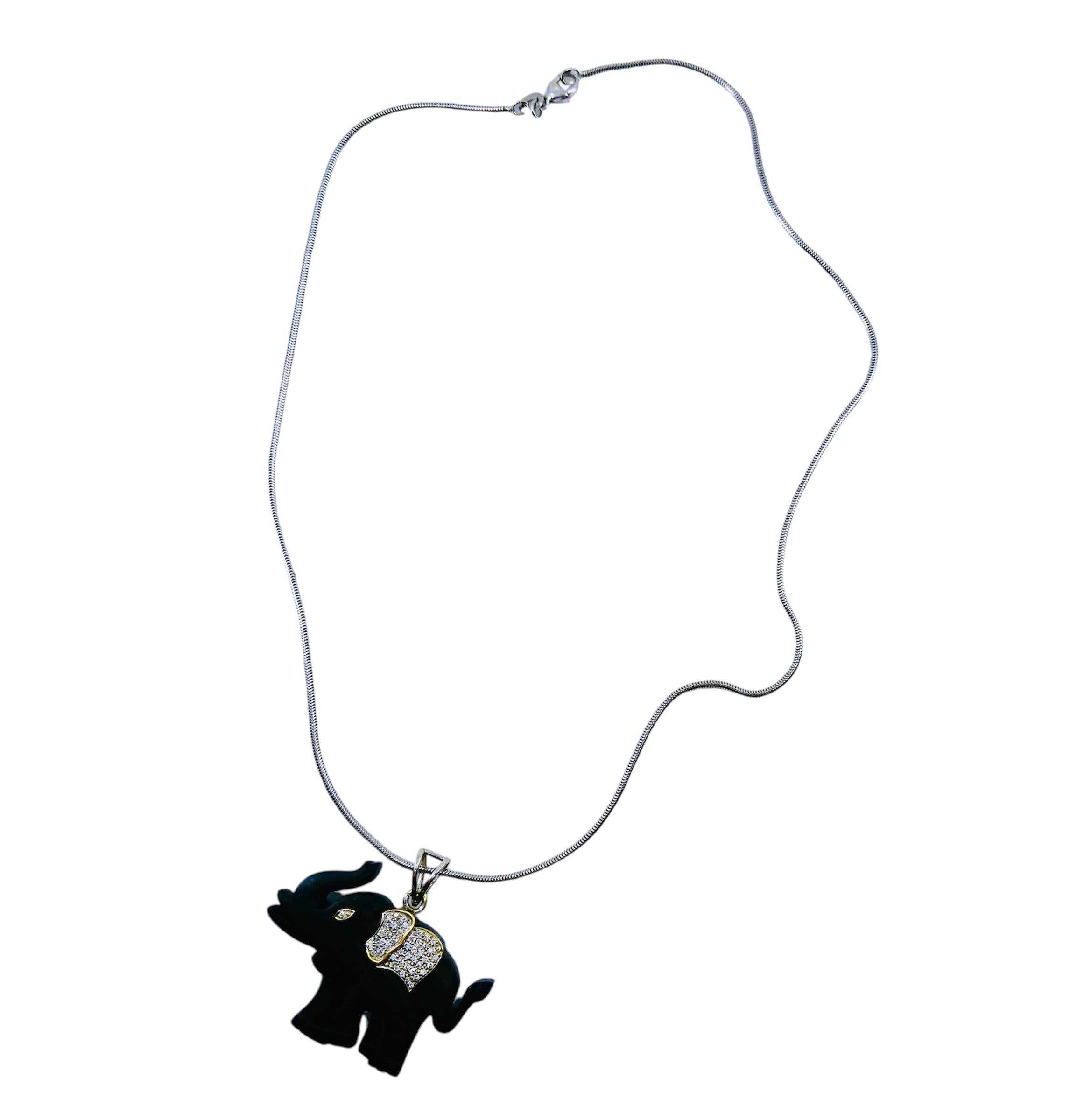 Women's or Men's Elephant Pendant Ebony Diamond 18k Gold Snake Chain Necklace