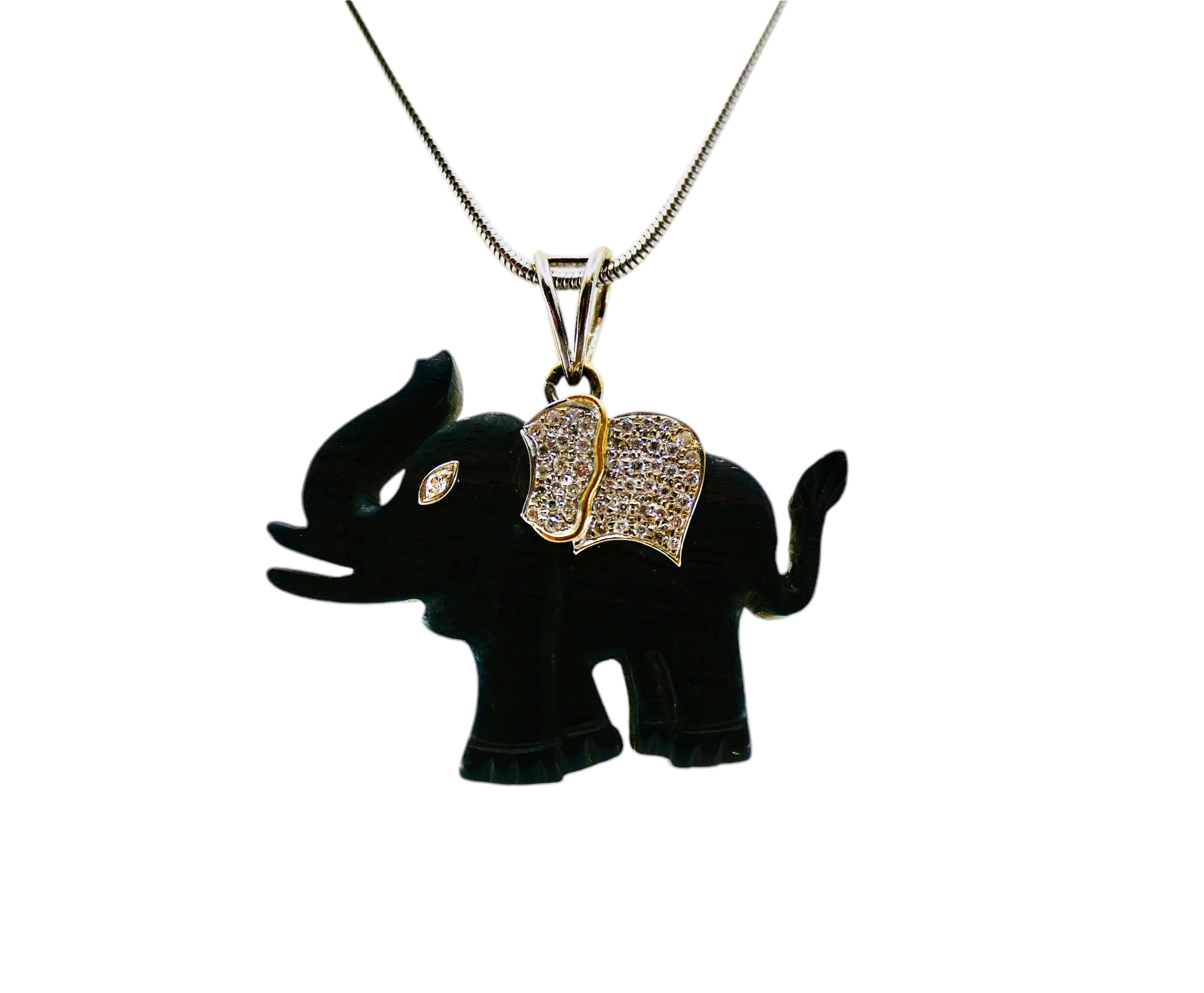 Elephant Pendant Ebony Diamond 18k Gold Snake Chain Necklace 1
