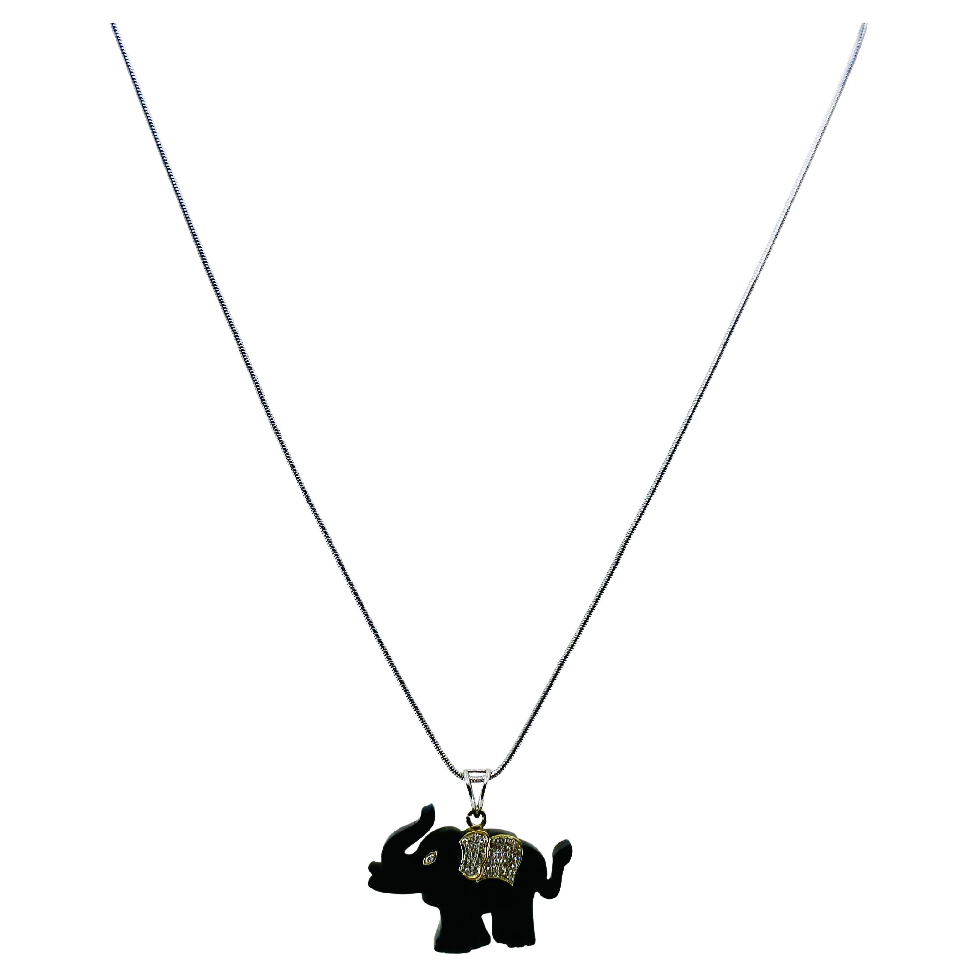 Elephant Pendant Ebony Diamond 18k Gold Snake Chain Necklace