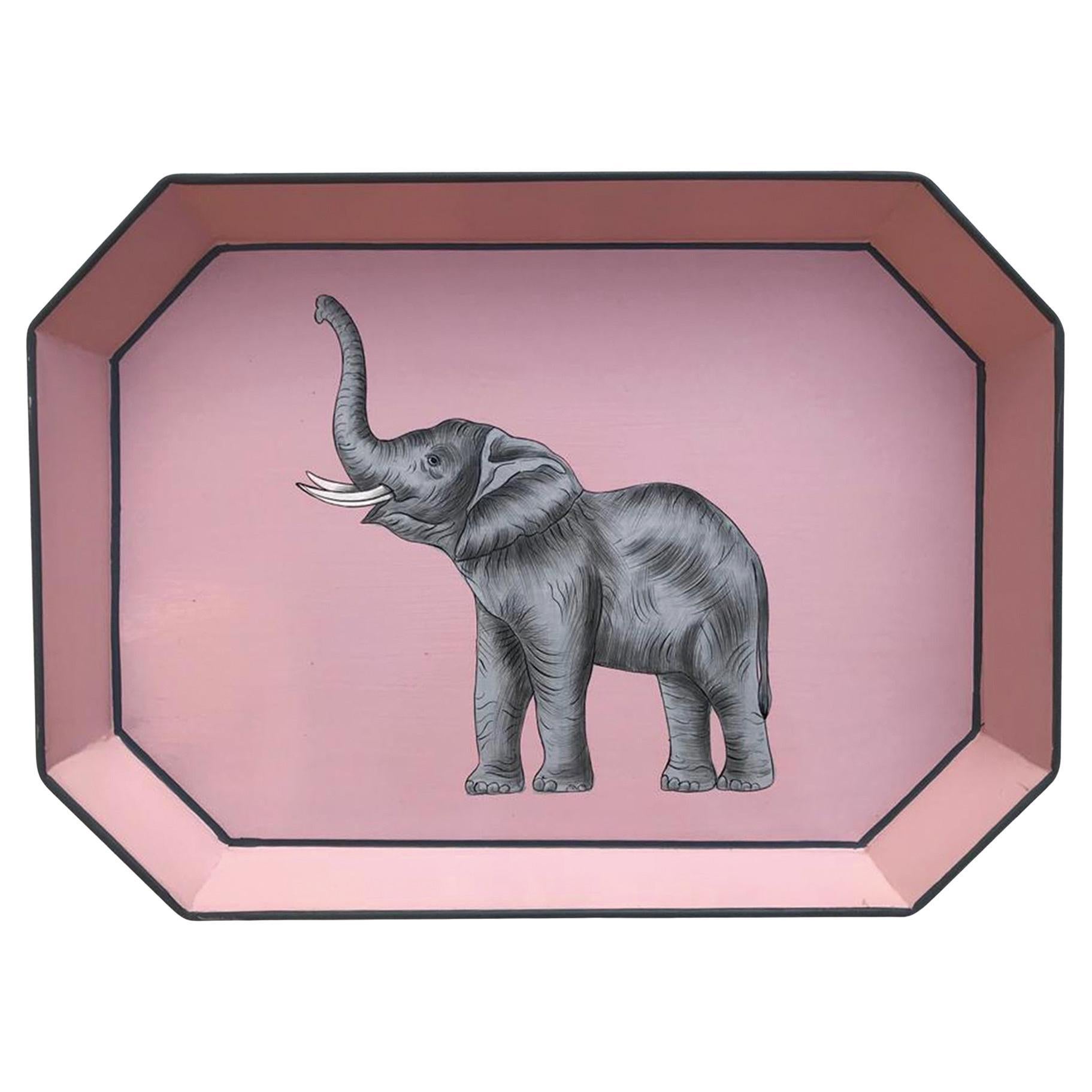 Elephant Pink Handpainted Iron Tray For Sale