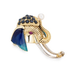 Elephant Ring Vintage Enamel 14k Yellow Gold Sapphire Diamond Animal Jewelry