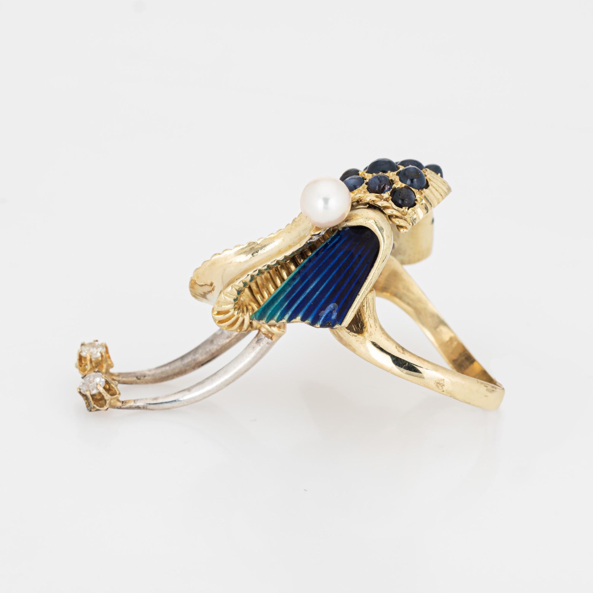 Modern Elephant Ring Vintage Enamel 14k Yellow Gold Sapphire Diamond Animal Jewelry For Sale