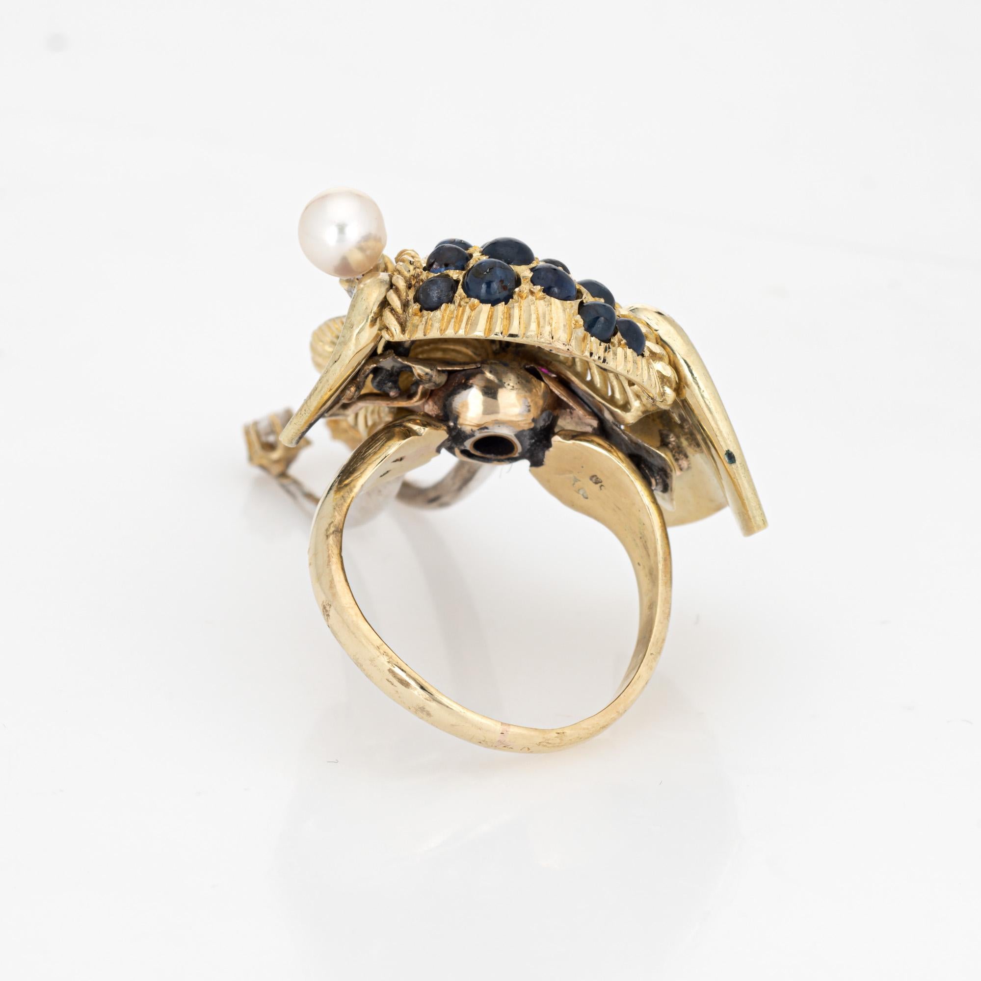 Round Cut Elephant Ring Vintage Enamel 14k Yellow Gold Sapphire Diamond Animal Jewelry For Sale