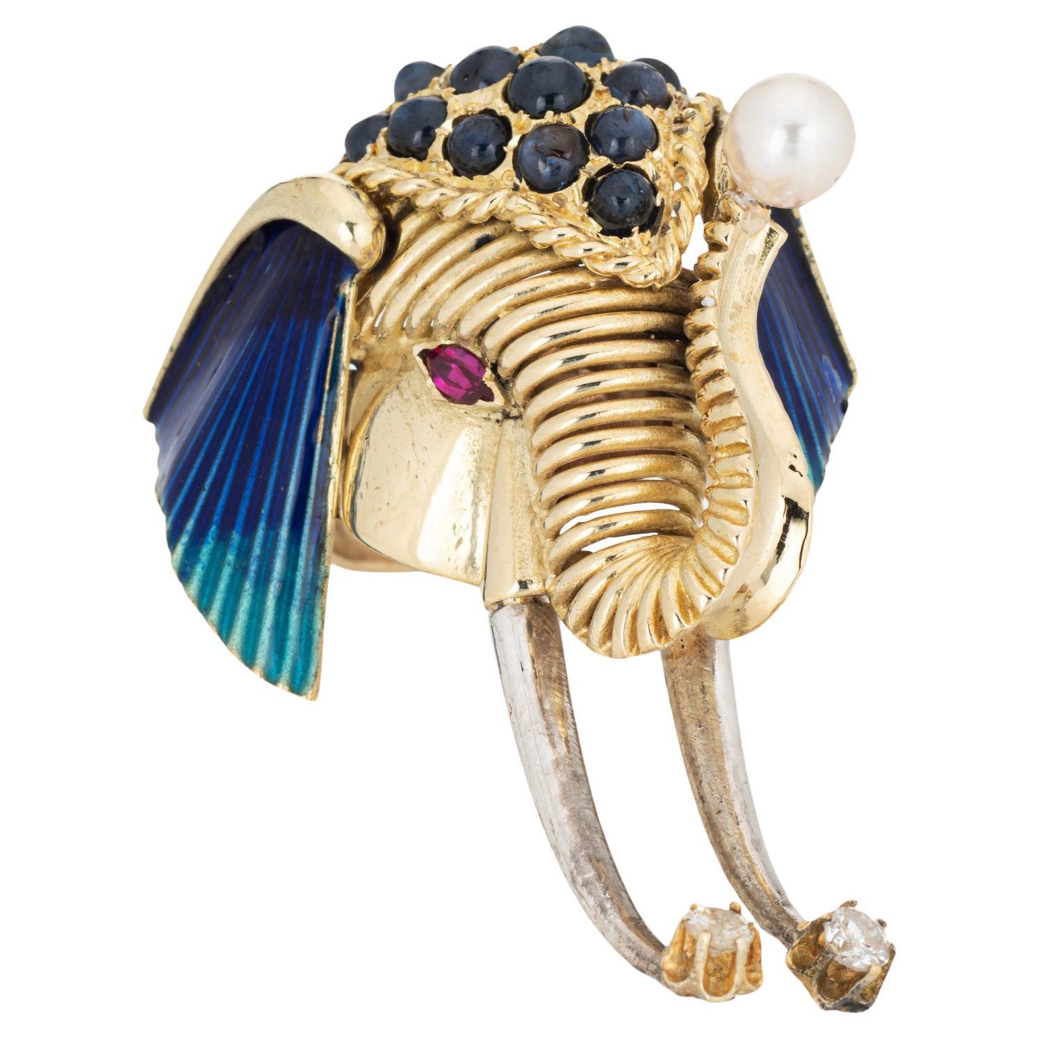 Elephant Ring Vintage Enamel 14k Yellow Gold Sapphire Diamond Animal Jewelry