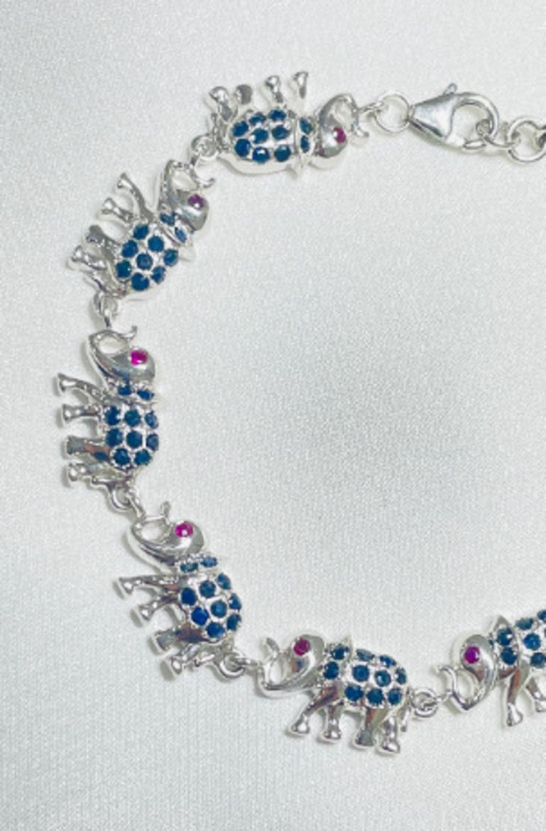 Women's Elephant Sapphire Ruby Charm Bracelet Gift for Her in Sterling Silver Jewelry For Sale