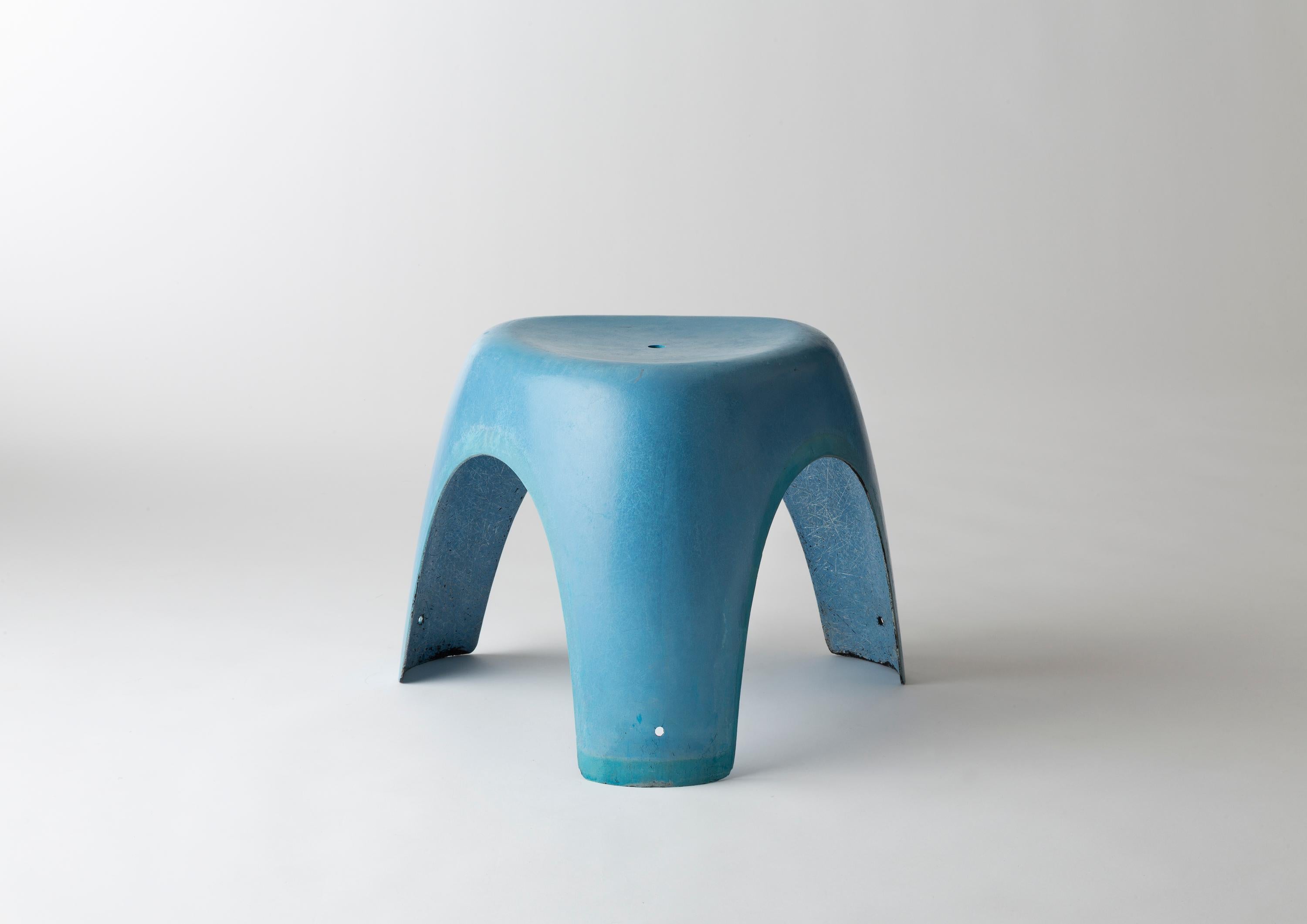 An Elephant stool by Sori Yanagi in blue fiberglass, manufactured by Kotobuki Seating Company, Tokyo, Japan, engraved with the editor’s mark and designer’s one under the seat, model designed in 1954.