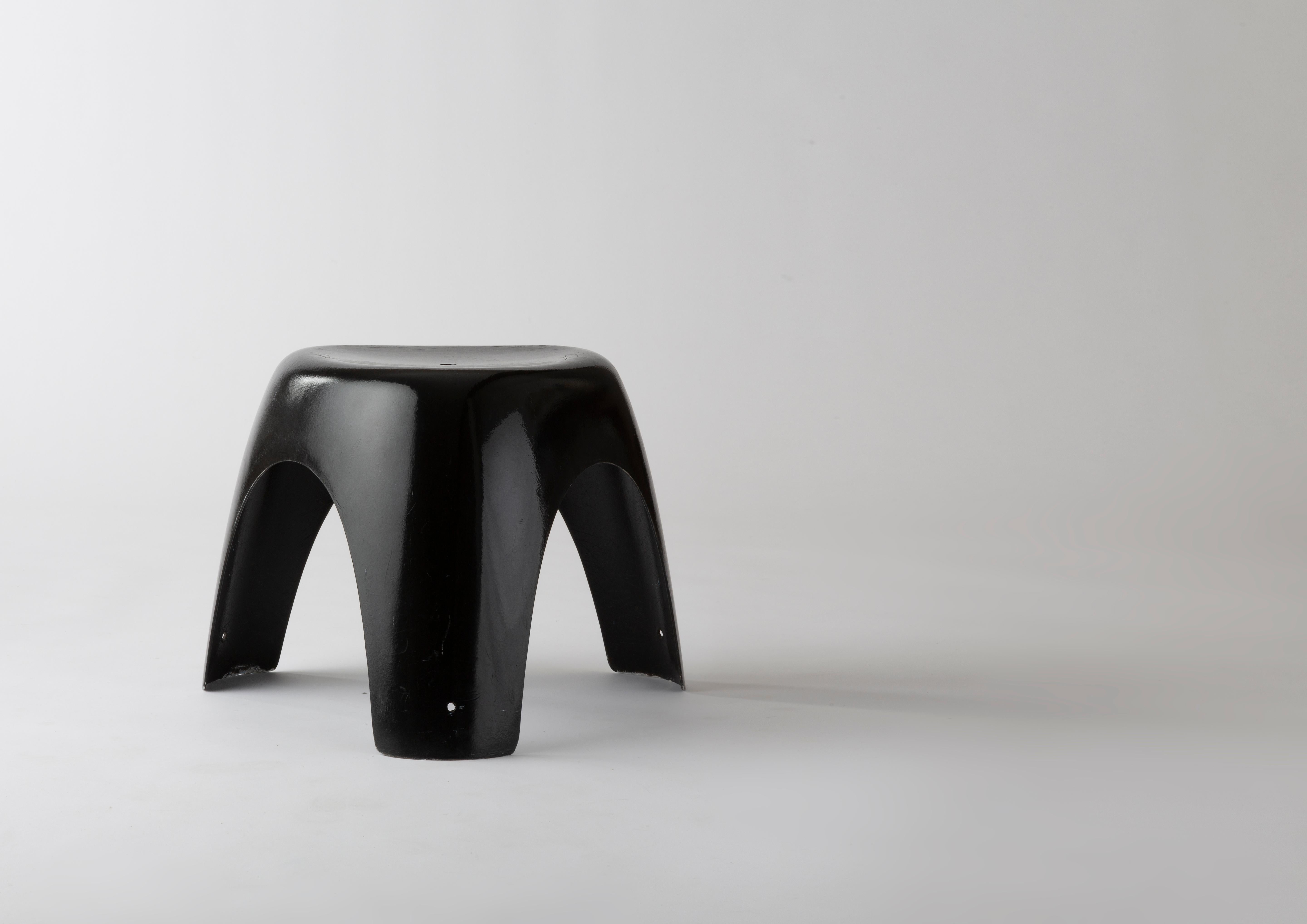 An Elephant stool by Sori Yanagi, in black fiberglass, manufactured by Kotobuki Seating Company, Tokyo, Japan, engraved with the editor’s mark and designer’s one under the seat, model designed in 1954.