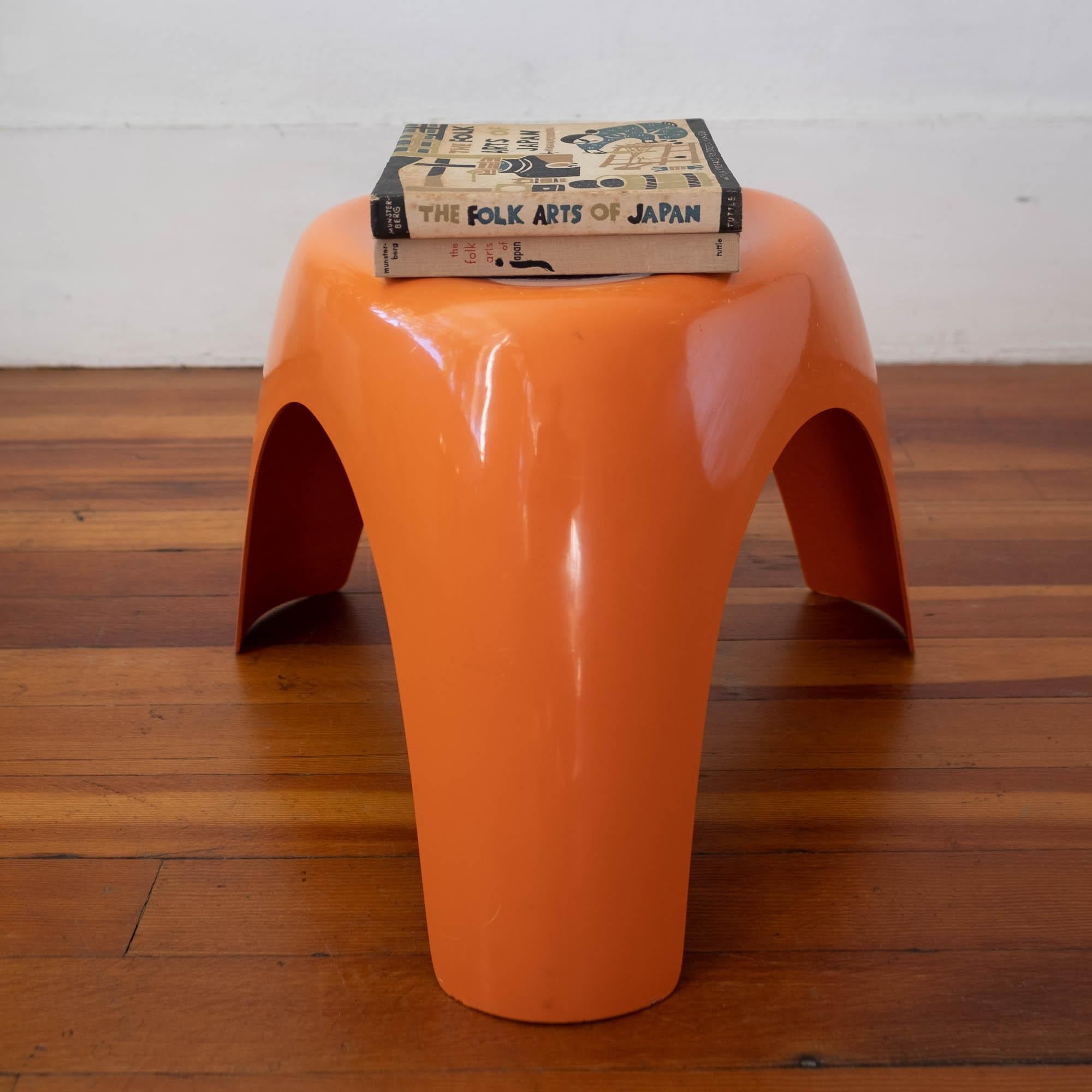Orange fibreglass elephant stool by Sori Yanagi, which was designed in 1954. Sori was the son of the Japanese Folk Crafts Museum founder, Soetsu Yanagi. Having studied both art and architecture, he pioneered Japanese postwar Industrial Design. He