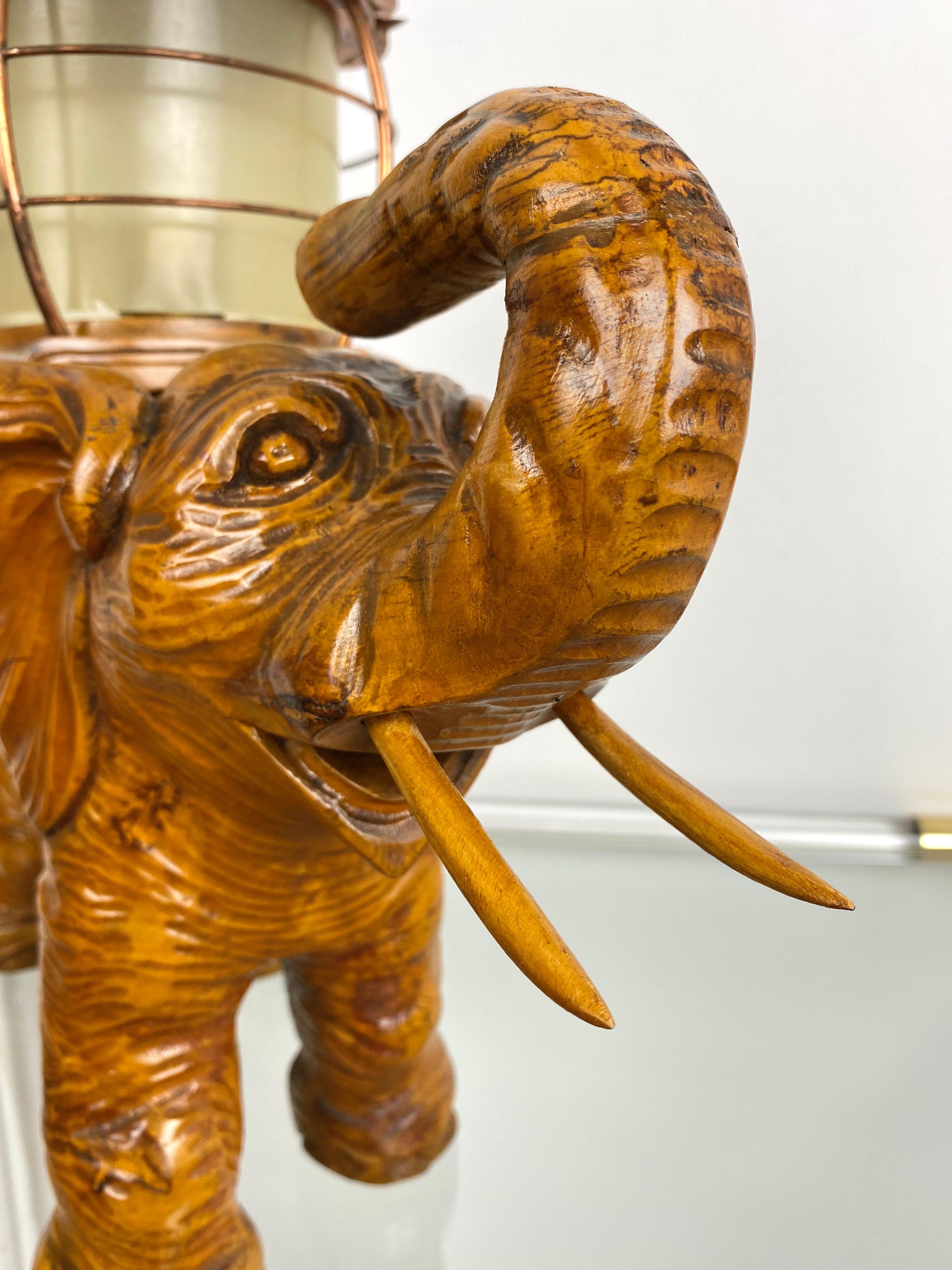 Mid-20th Century Elephant Table Lamp Hand Carved Wood and Copper Aldo Tura for Macabo Italy 1950s For Sale