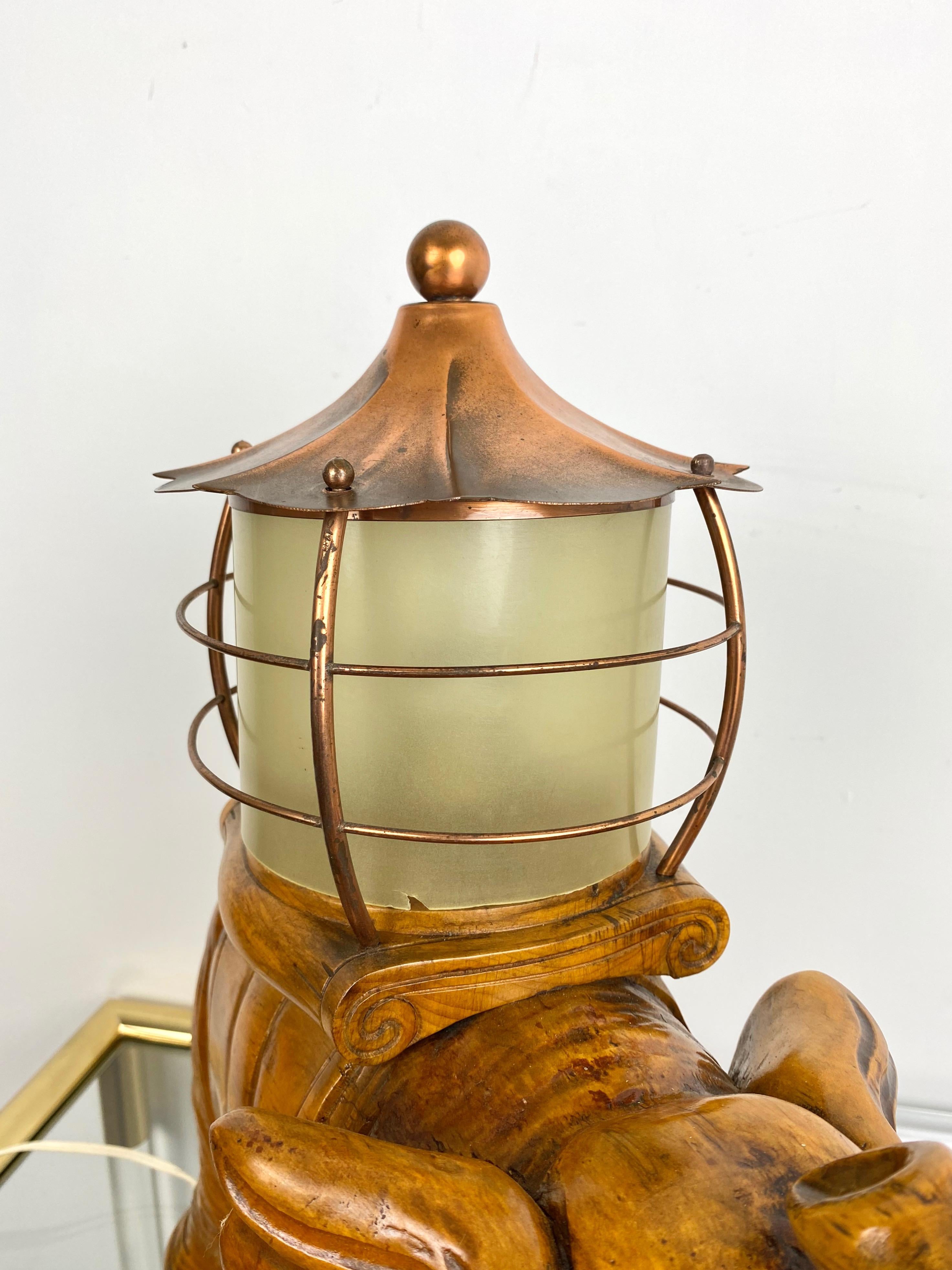 Lampe de table éléphant Bois sculpté à la main et cuivre Aldo Tura pour Macabo Italie 1950s en vente 3
